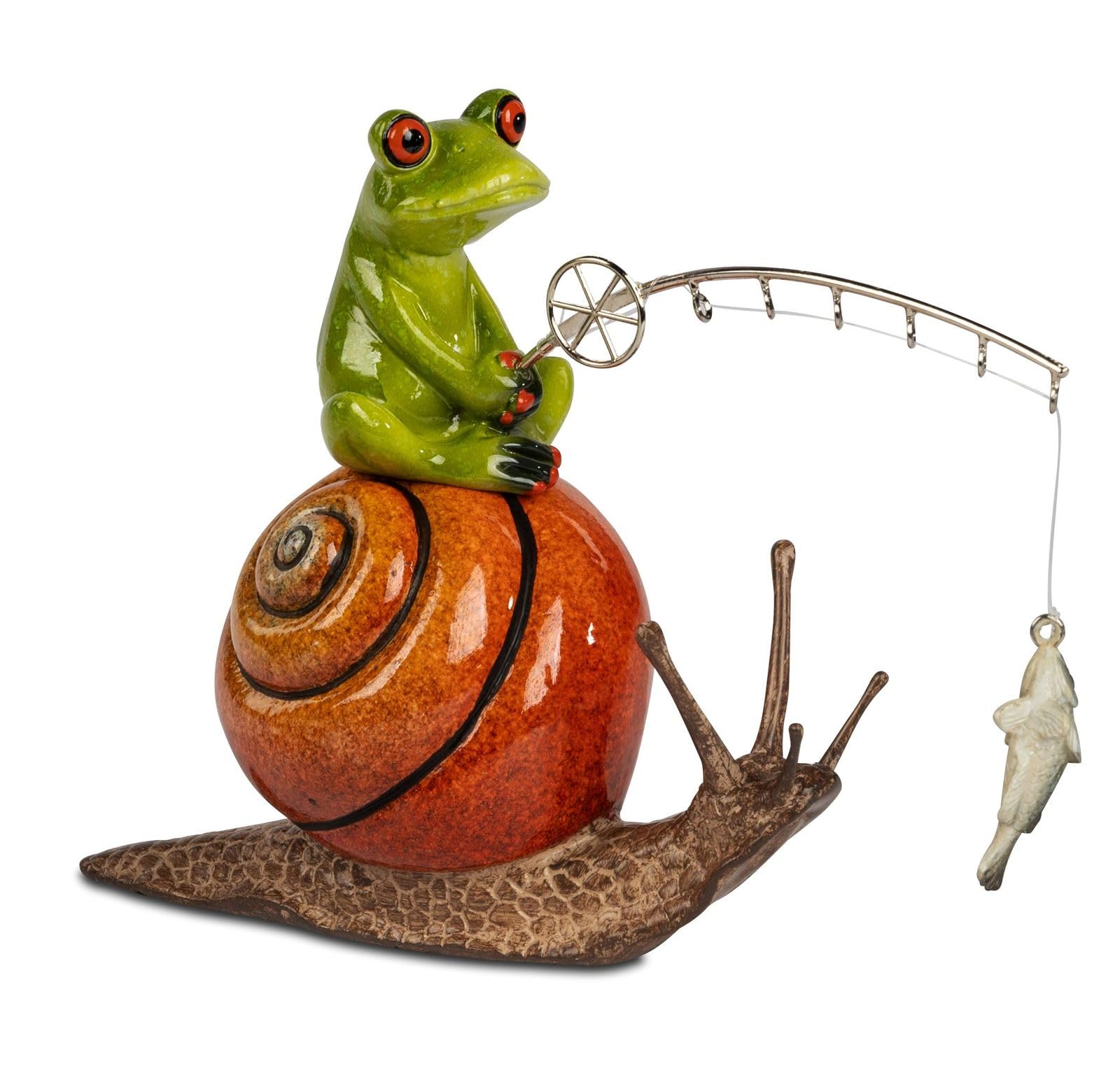 formano Zestaw 2 figurek z żabą wędkarz na ślimaku z rybą, 18 cm, figurka dekoracyjna z serii Froschhausen, błyszczące figurki zwierząt z żywicy poliestrowej, humorystyczny prezent dla wędkarzy i