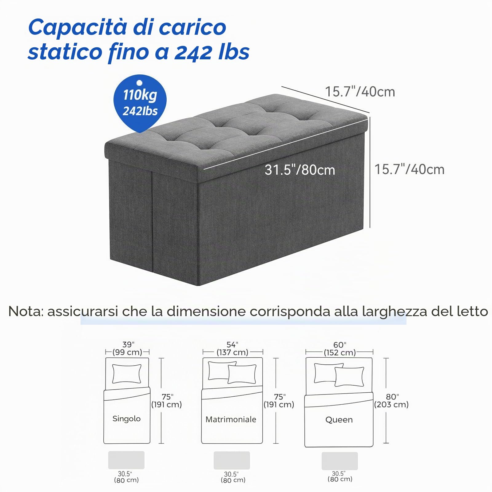 BRIAN & DANY Pouf Puff Pieghevole Stoccaggio Ottomano Poggiapiedi Sgabello Contenitore Cassapanca Pieghevole, Grigio Scuro - Tessuto Come Lino, 76 x 38 x 38 cm