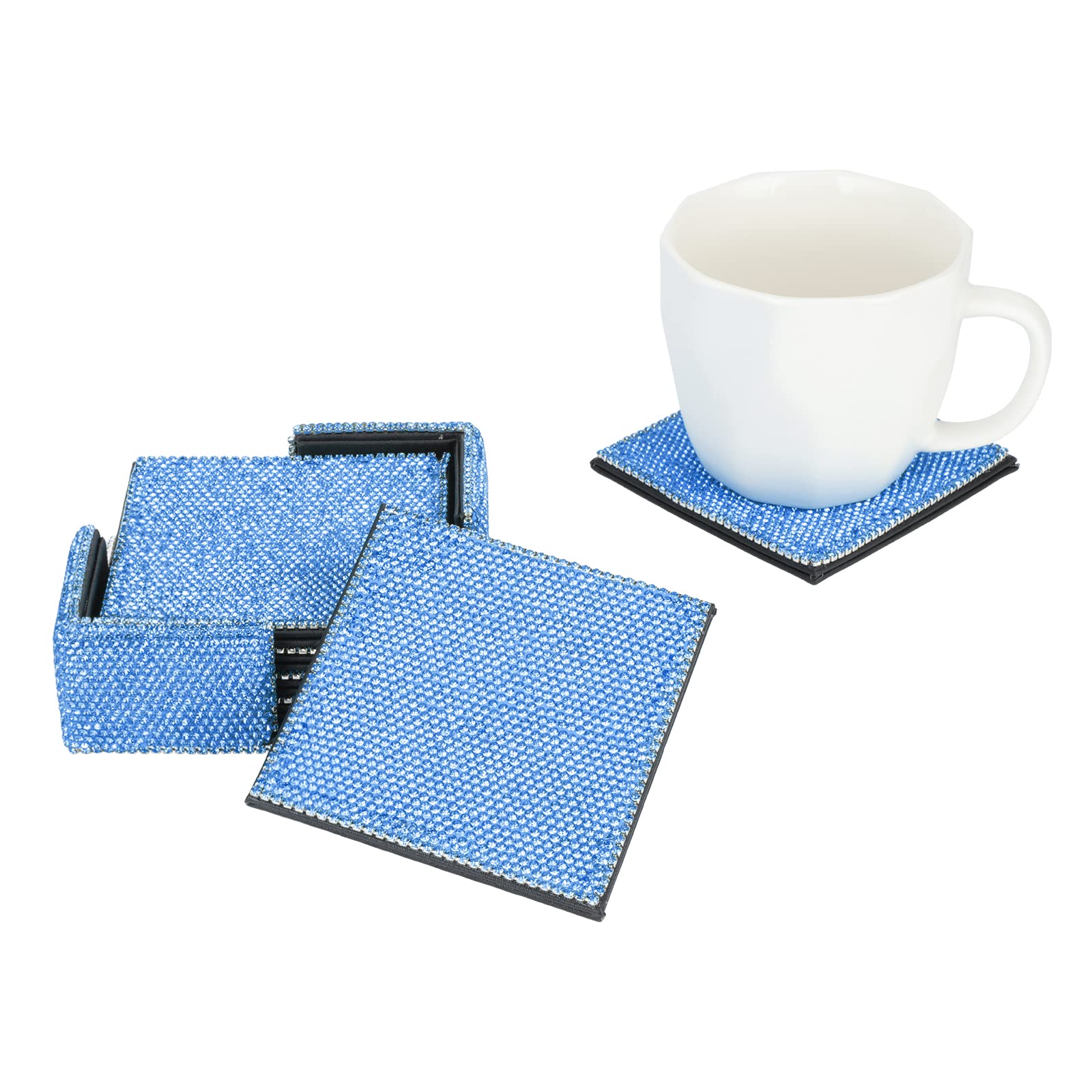 Coasters for Drinks Coffee Tea Cup Pads Table Mat with Coaster Holder for Home,Office,Kitchen,Bar,Bling Crystal Luxury Handmade Diamond (Set of 6) (Square Dark Blue)