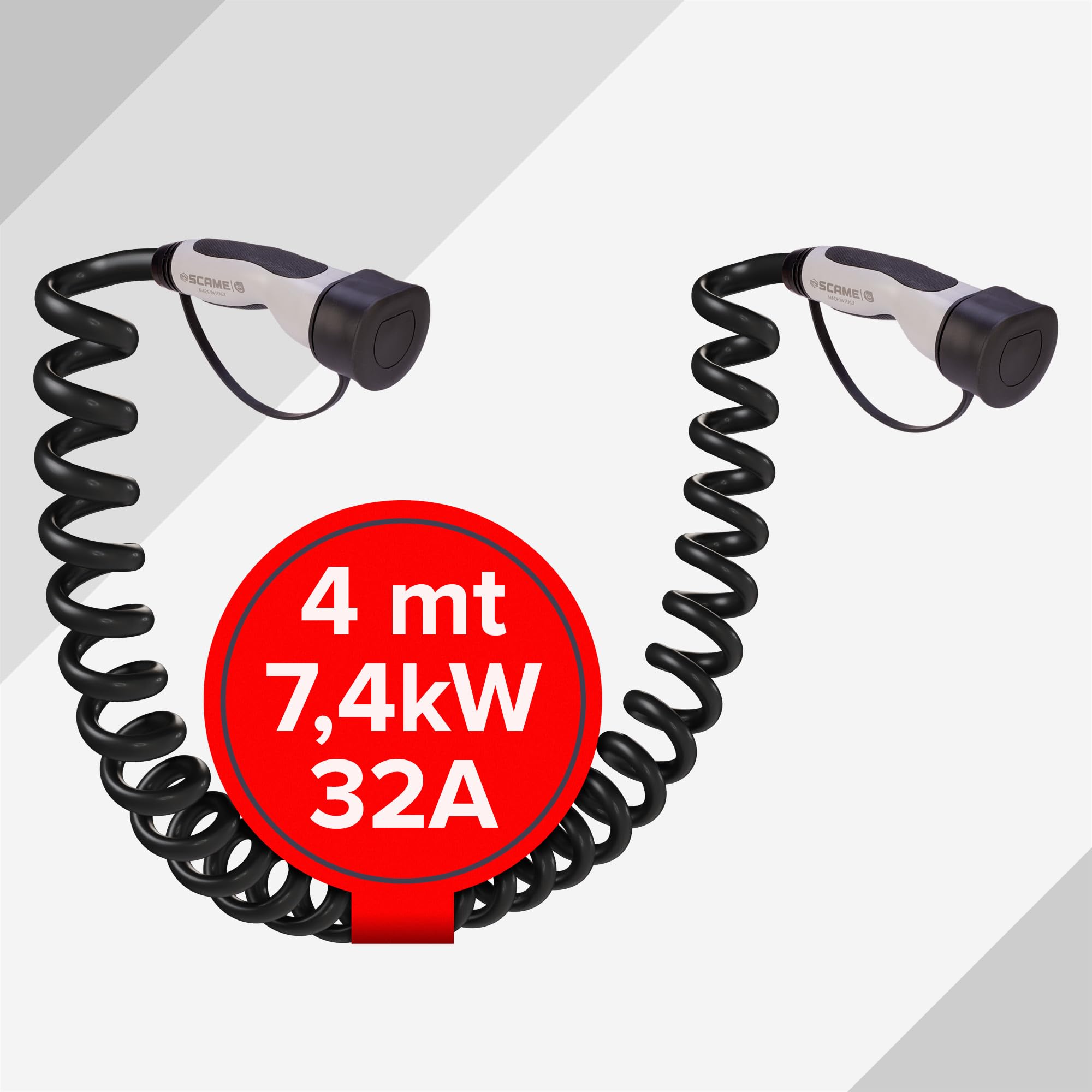 SCAME | Spiralna elektryczna ładowarka samochodowa - złącze jednofazowe kabel typu 2 do typu 2-7,4 kilowata - 32 amperów - długość 4 metry spiralne