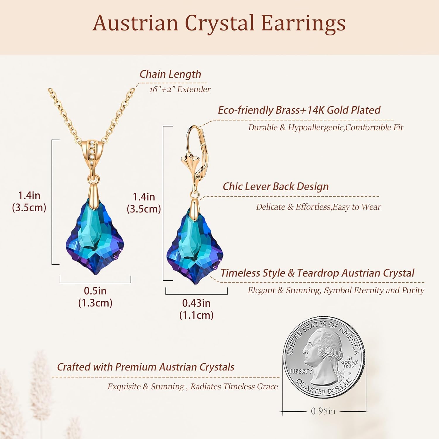 EVEVIC Austrian Crystals Baroque Pendant Necklace Earrings for Women 14K Gold Plated Hypoallergenic Leverback Drop Dangle Earrings Jewelry Set - Image 6