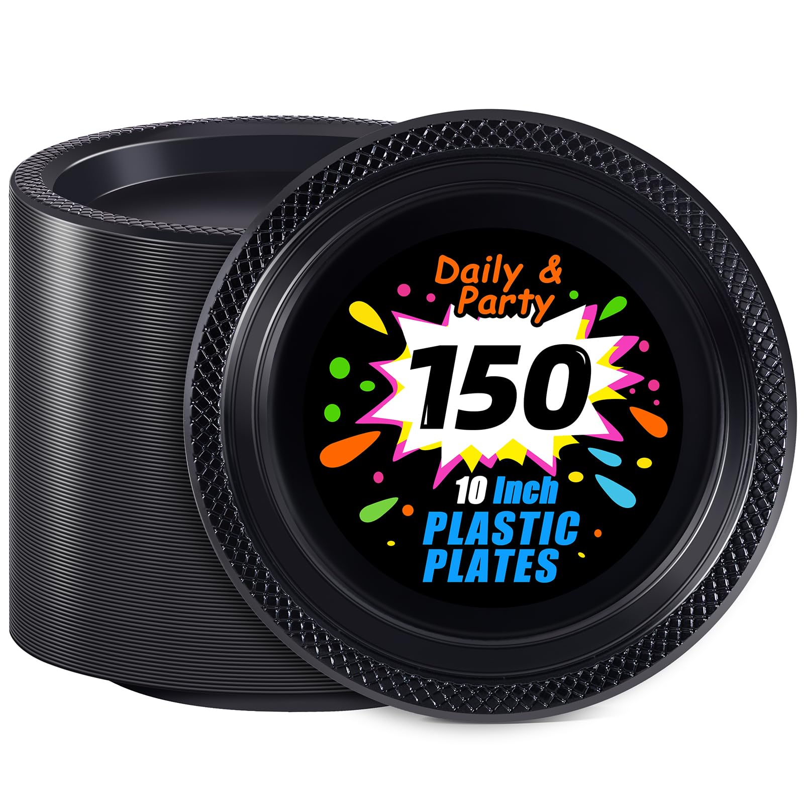 WELLIFE Black Plastic Plates 10 Inch -150 Count for Party, Plastic Disposable Dinner Plates for Halloween Picnic BBQ