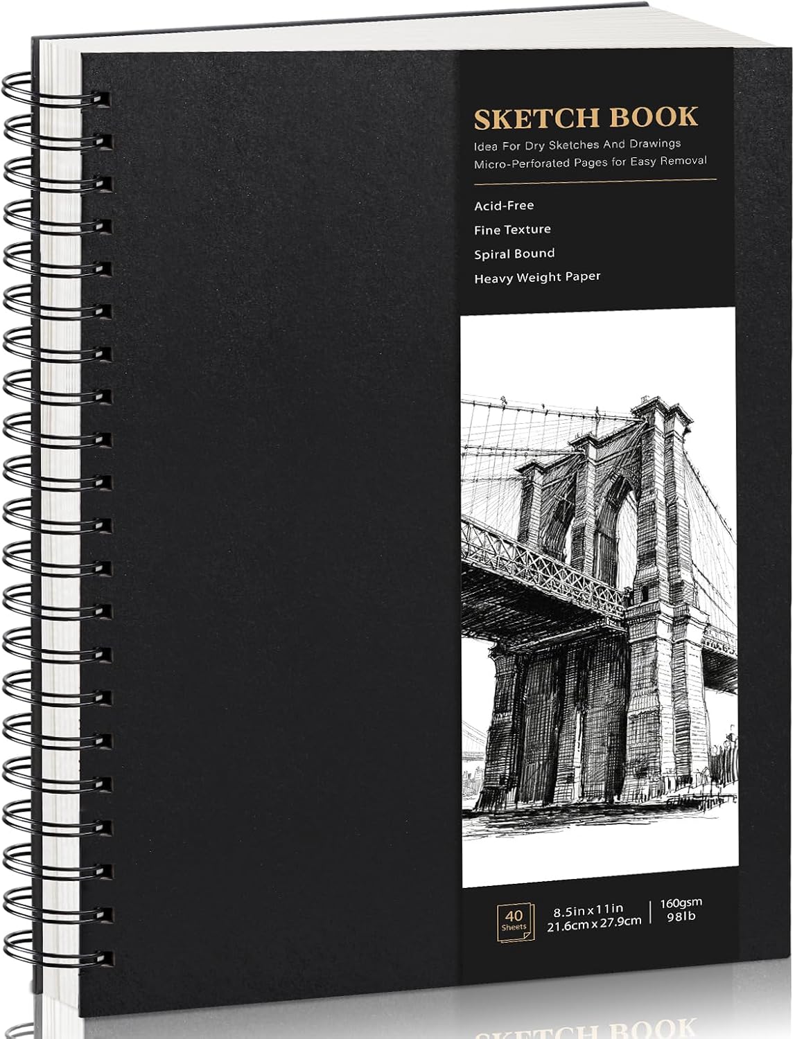 Hardcover Sketchbook Spiral Bound, 160gsm Thick Paper Drawing Pad, 40 Sheets/80 Pages Drawing Book Sketch Pad for Artists, Art Projects, Ideal for Sketching, Pencil & Charcoal