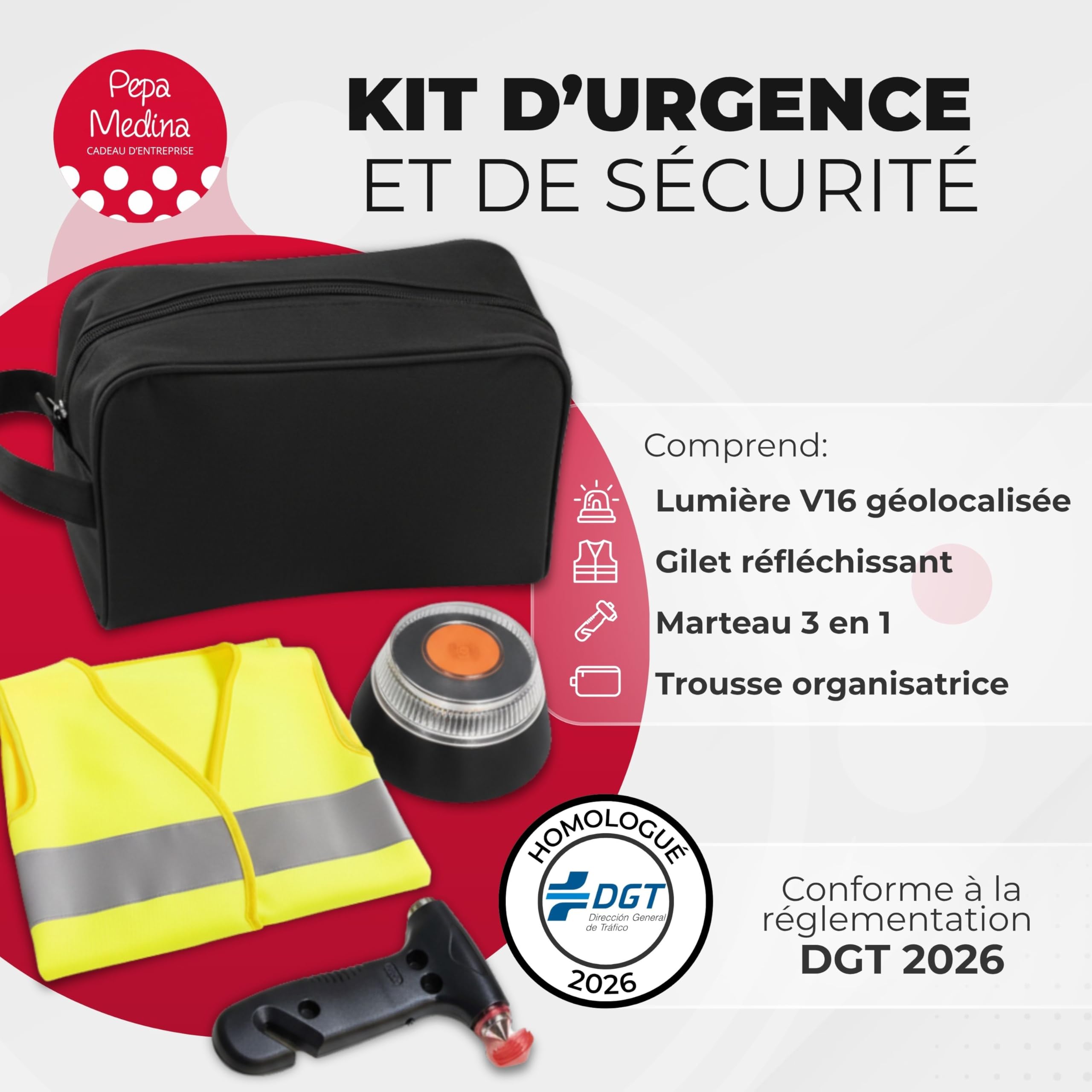 Kit d’Urgence et Sécurité Automobile : Balise V16 Géolocalisée Homologuée DGT 2026, Gilet Réfléchissant, Marteau de Sécurité Multifonction, Coupe-Ceinture, Lampe LED et Pochette Compacte
