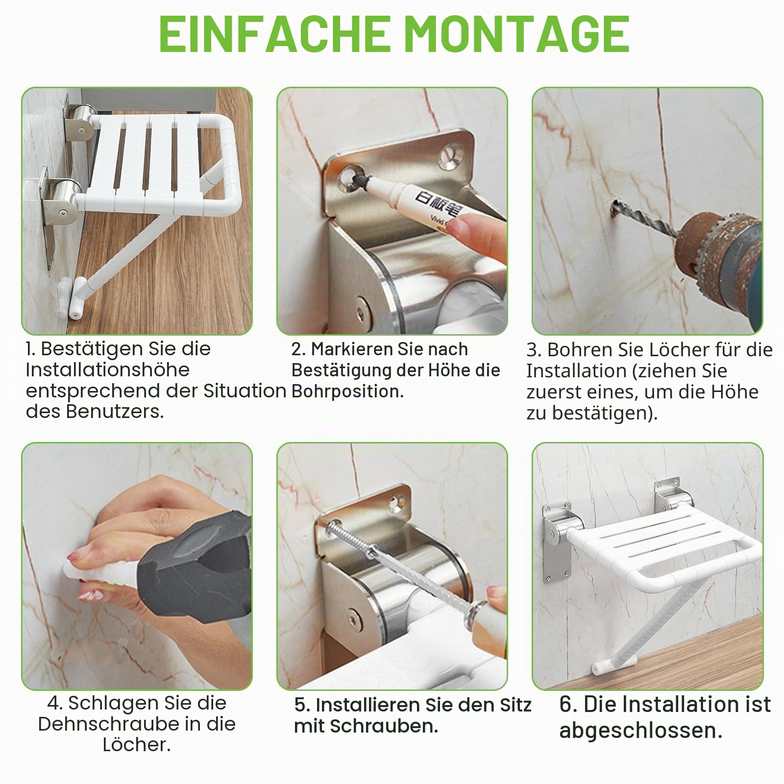 Klappbarer Duschsitz für die Wandmontage, bis 200KG | Klappbarer Rutschfester Duschstuhl Duschsitz Klappbar Wandmontage Duschklappsitz, Duschhocker für Senioren und Erwachsene