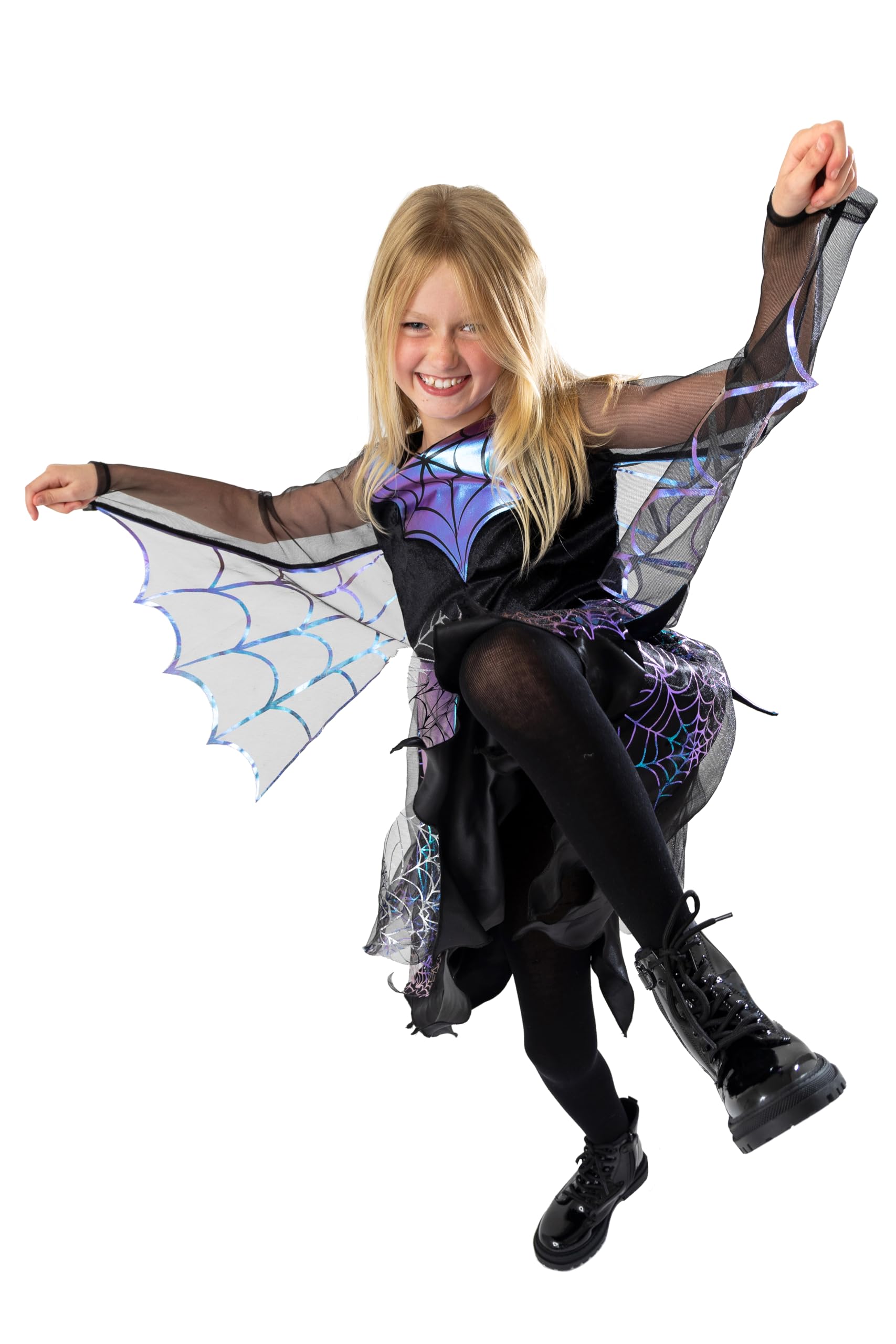 Blues Group Sparkling Iridescent Spider Girl Halloween Costume for Girls - Dress with Web Wings - 4-6 Years - Image 2
