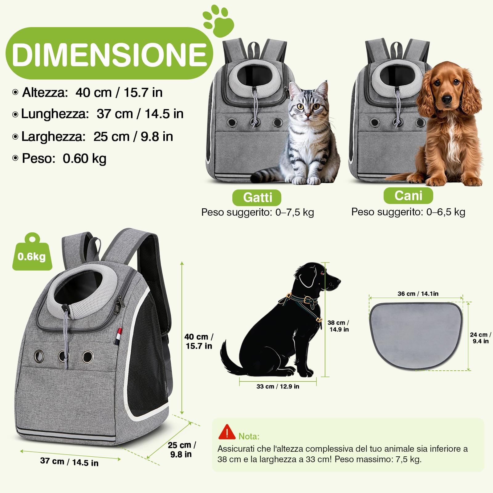 ALLSOPETS Zaino Trasportino Per Cani E Gatti – Fino A 6,5 Kg, Traspirante, Con Guinzaglio Di Sicurezza