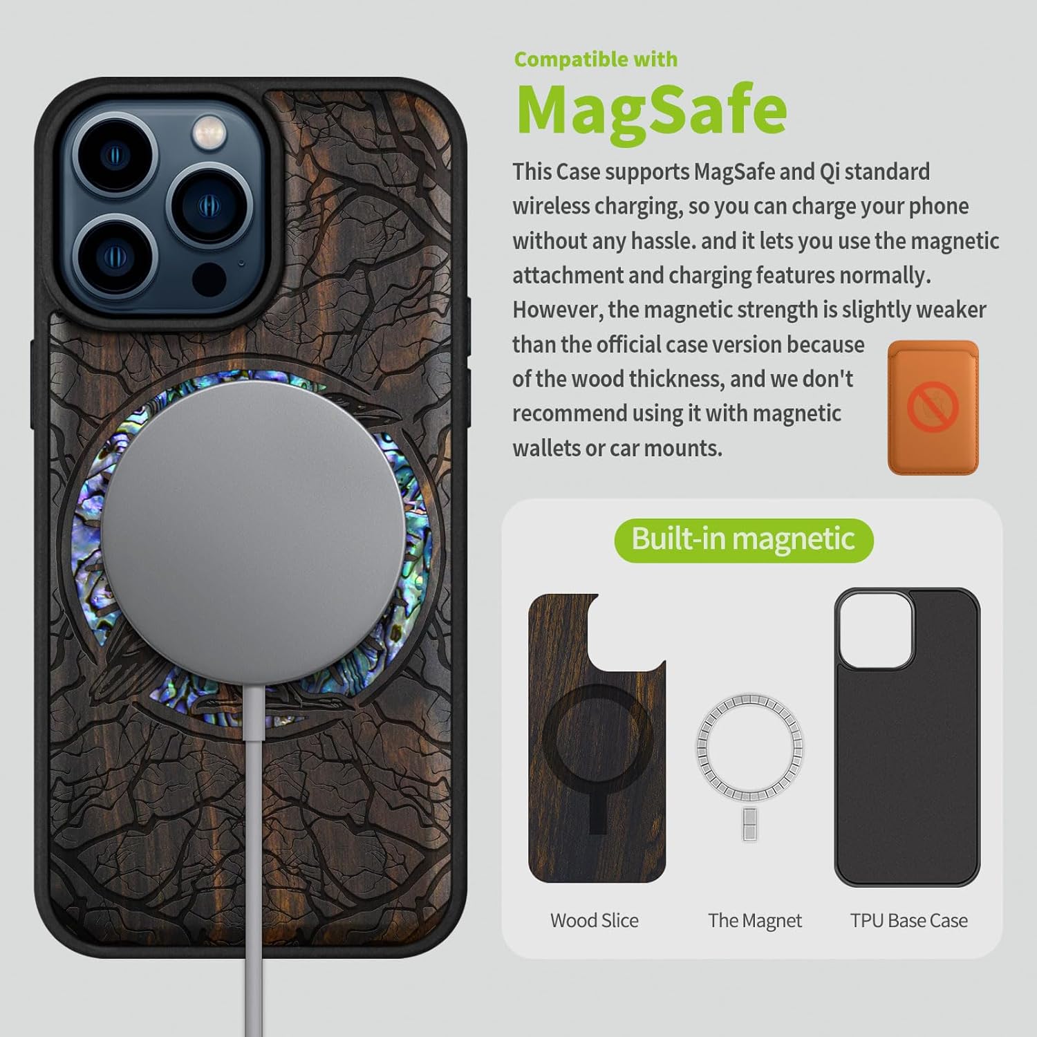Carveit Wooden Case for iPhone 15 Pro Max Magnetic Case, Compatible with MagSafe Wireless Chargers, Shockproof Cover, Handmade Shell Inlaid & Wood Artisan Engraved (The Haloed Crow) Blackwood