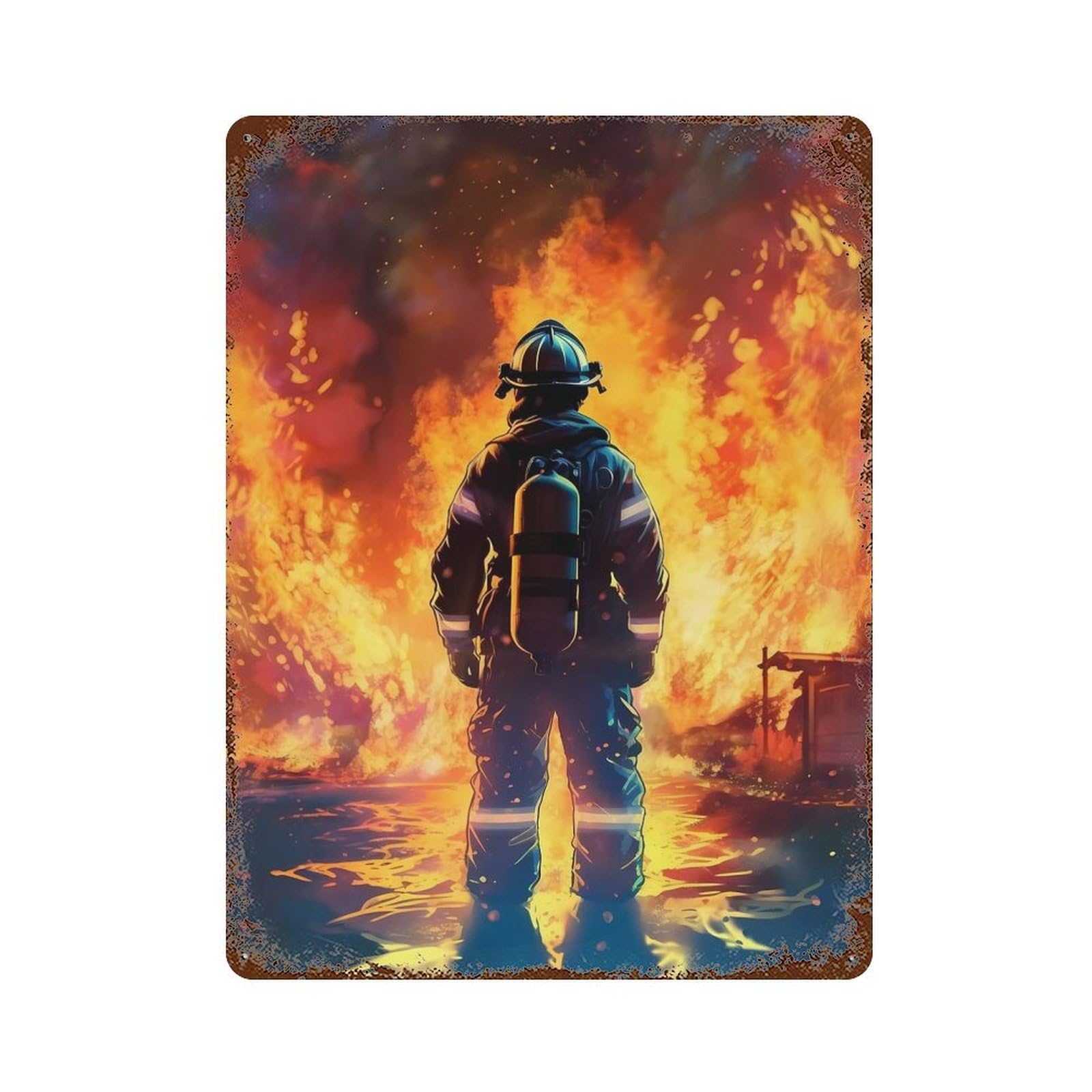 Firefighter Flames Rusty Metal Tin Sign 15.7"x11.8", for Farmhouse, Kitchen And Entryway Decor, Rustic Home Decor