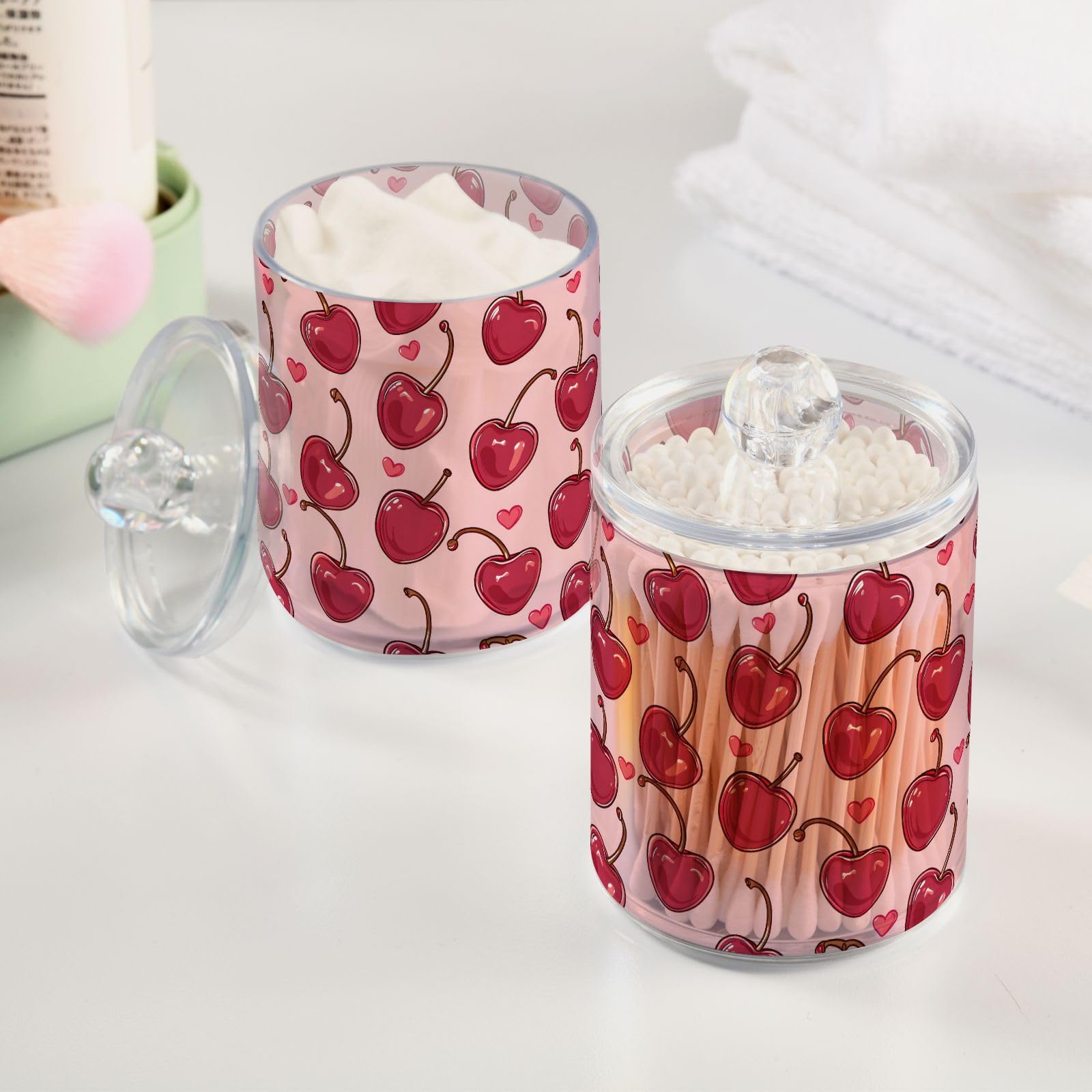 ALAZA 2 Pack Qtip Holder Cherries Hearts, Cotton Swab Dispenser with Lid Bathroom Containers Canister Organizer Storage Jar