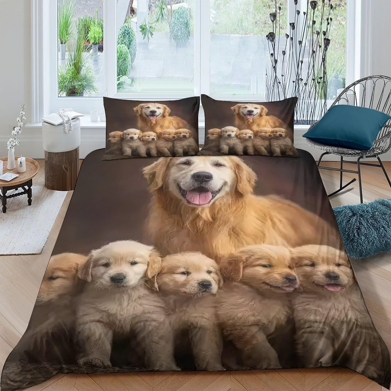 GPLZQXKJNH 3D Printed Golden Retriever Puppy Duvet Cover Set Microfiber Soft Breathable Bedding for Bedroom Decor with 2 Pillowcases Single（135x200cm）