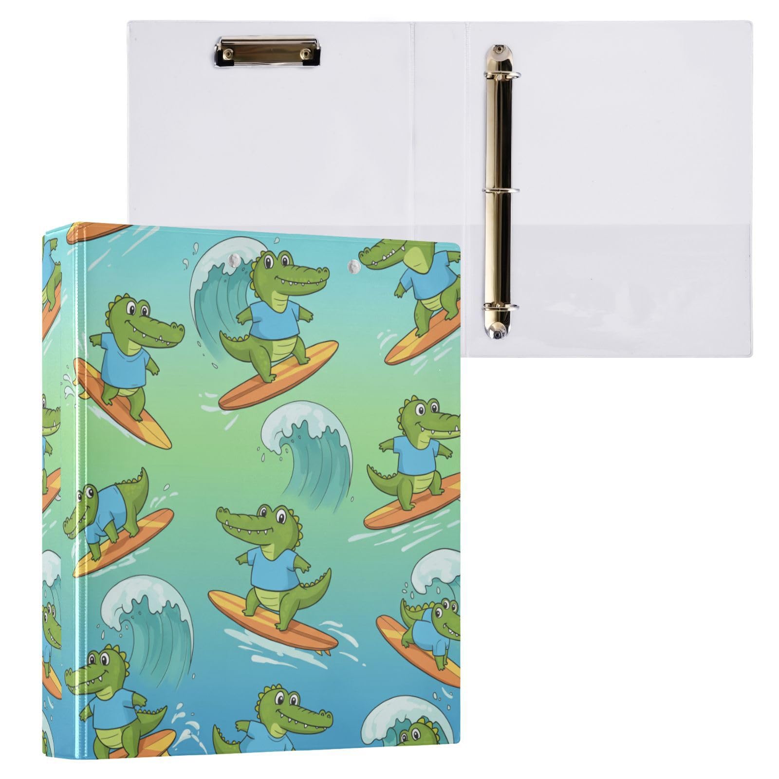 Confezione da 2 raccoglitori ad anelli con 3 anelli, motivo coccodrilli in stile cartone animato, con tasche grandi, per scuola, università, ufficio