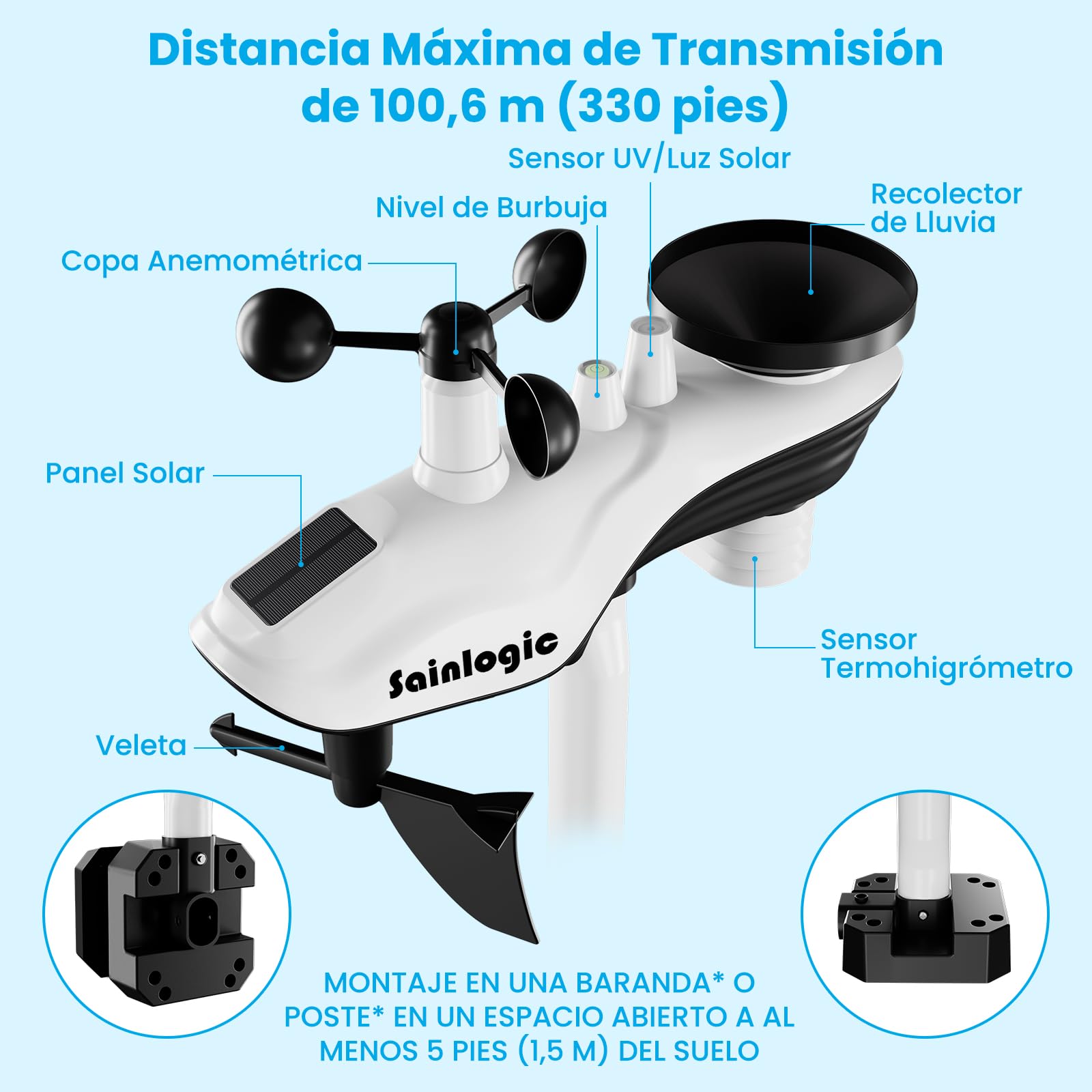 Sainlogic Estación Meteorológica WiFi SA9 con del Tiempo de 24/7 por Weatherseed® AI, Pantalla Grande de 8,5", UV, Pluviómetro, Anemómetro, Almacenamiento de Datos de 2 Años (Solo 2,4 GHz)