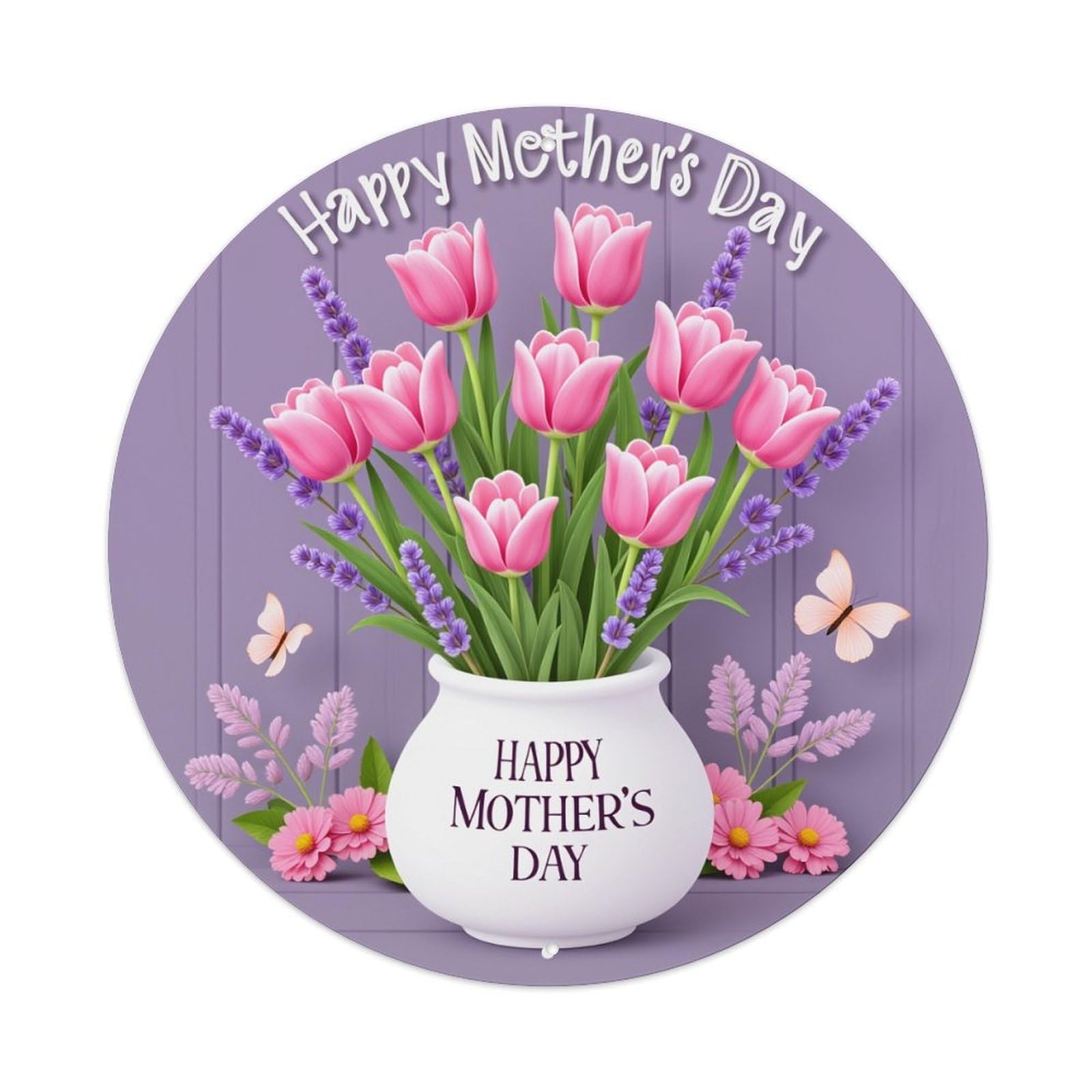 Flowers In Vase With Butterflies Round Tin Sign Vintage Metal Poster, Home Bar Garage Man Cave Cafe Indoor & Outdoor Wall Decoration 8x8Inches