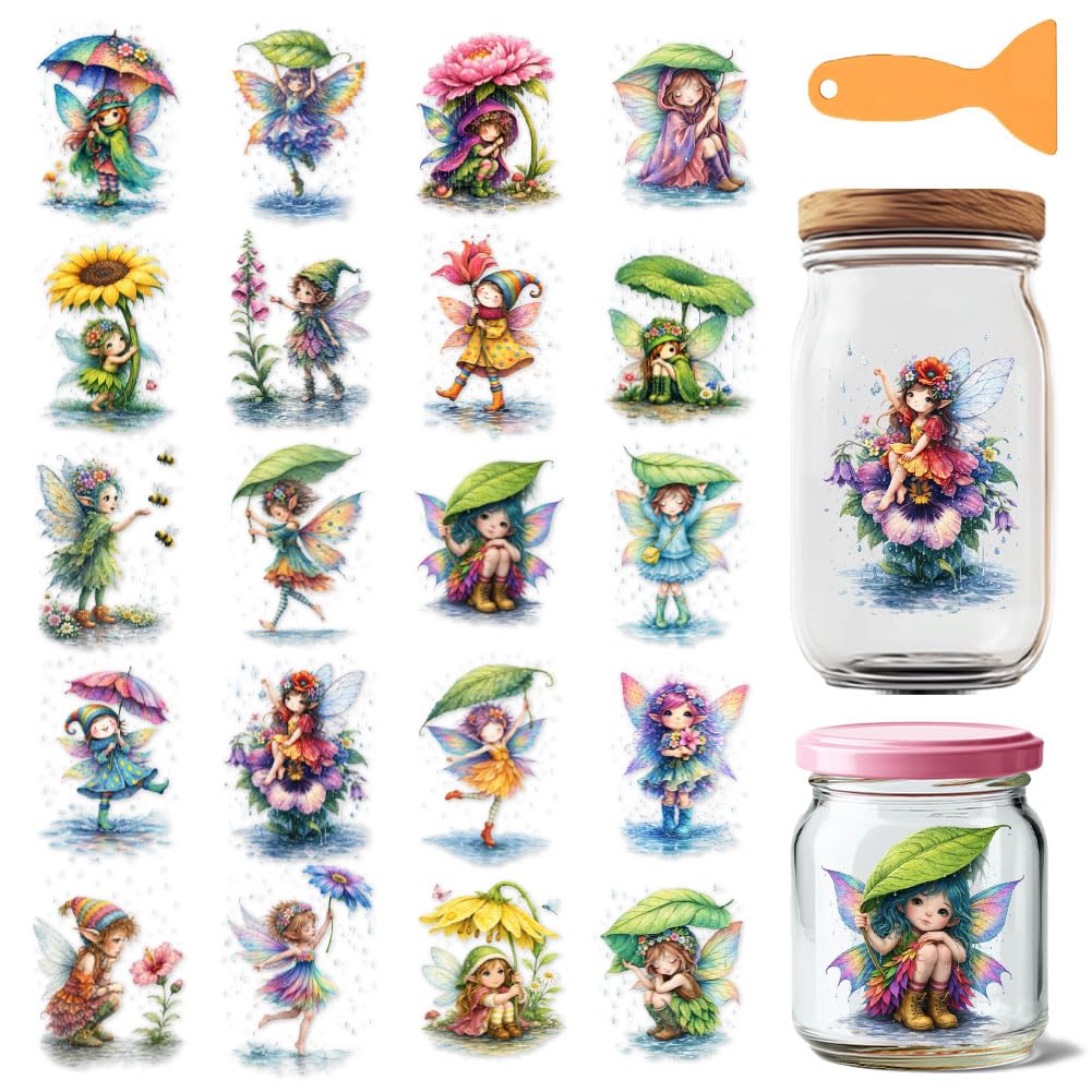 GOMAKERER 20 Sheets Watercolor Forest Fairy UV DTF Cup Wraps, Flower Elf Leaf Umbrella Fantasy Garden Cup Wrap Decals Floral Fairy Waterproof Rub on Transfer for Glass Cups Furniture