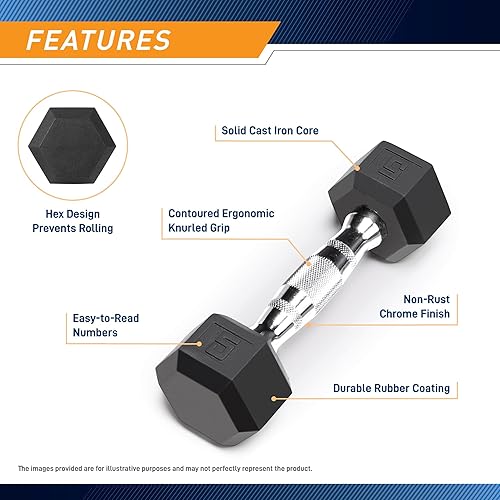 Miniatura 3 de Marcy Mancuerna hexagonal clásica de goma con agarre moleteado para entrenamiento de fuerza y culturismo, mancuerna individual de 5 a 50 libras para