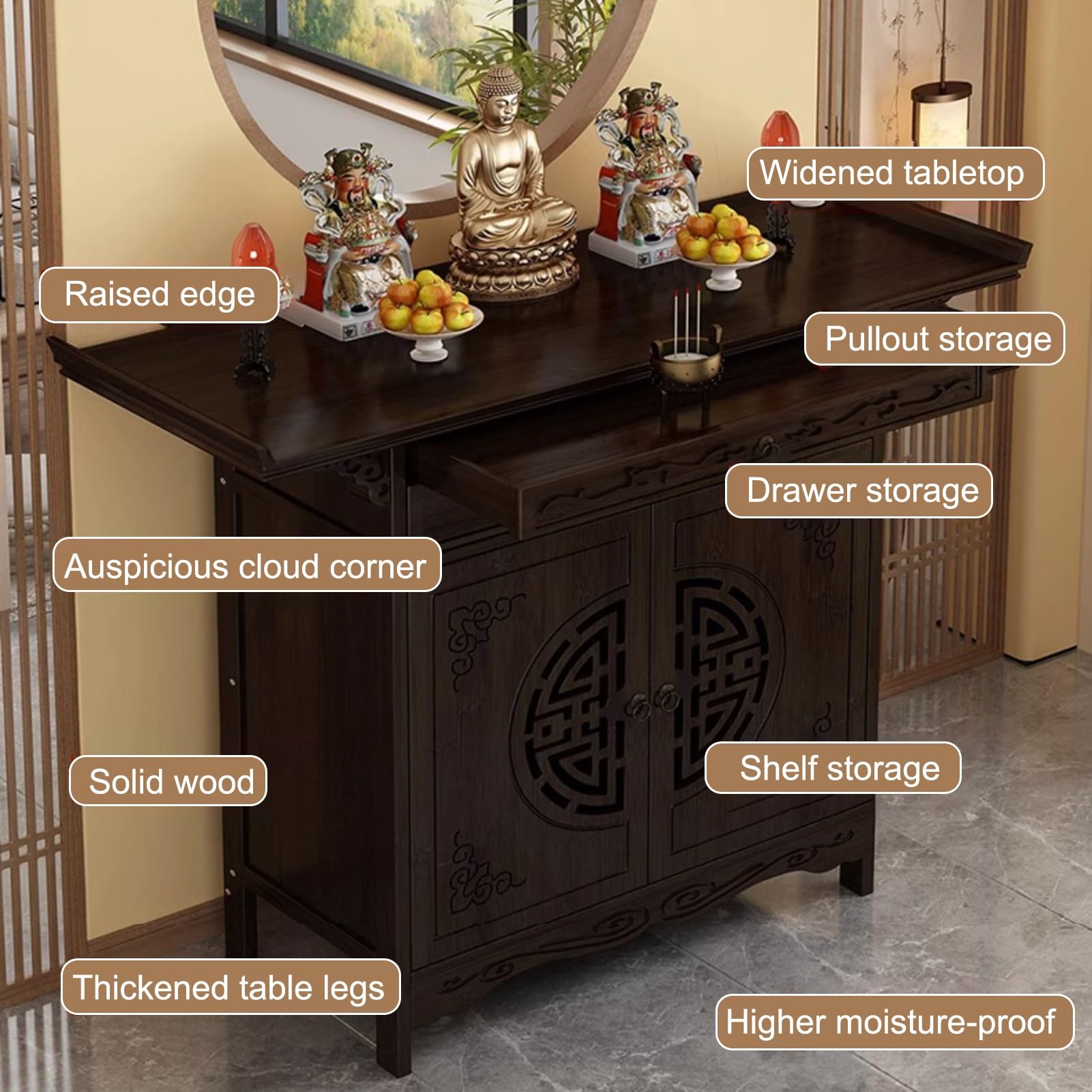 Moderner Gebetsaltar, Meditationstisch mit Stauraum, Gebetsschrank für Zuhause, für Puja, Wahrsagerei, Anbetung, zur Präsentation von Gefäßen, Pflanzen und Büchern (120 x 40 x 100 cm / 47,5 x 16 x 3