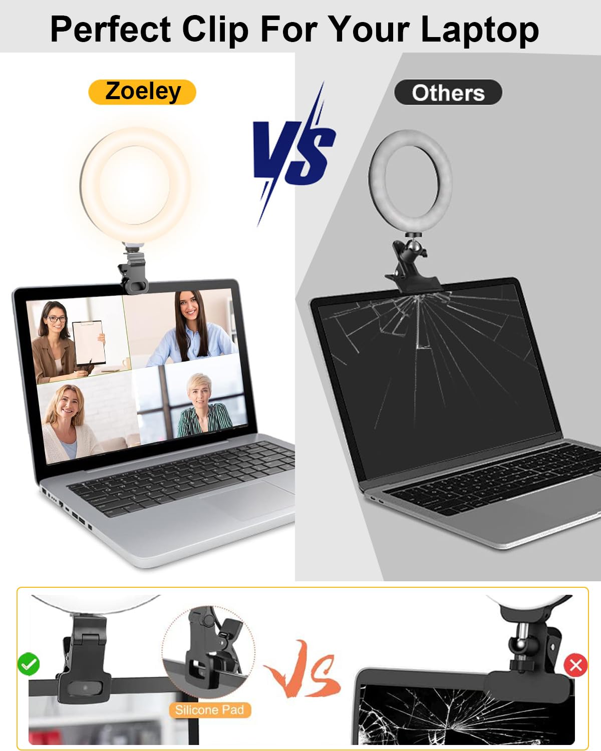 Zoeley Anillo de luz LED, Aro de Luz con Pinza y Trípode 3 Colores Modo 10 Brillos Regulables 360°Rotación Luz de Video Profesional para Zoom Call TikTok, Maquillaje Iluminación de Cámara de Red