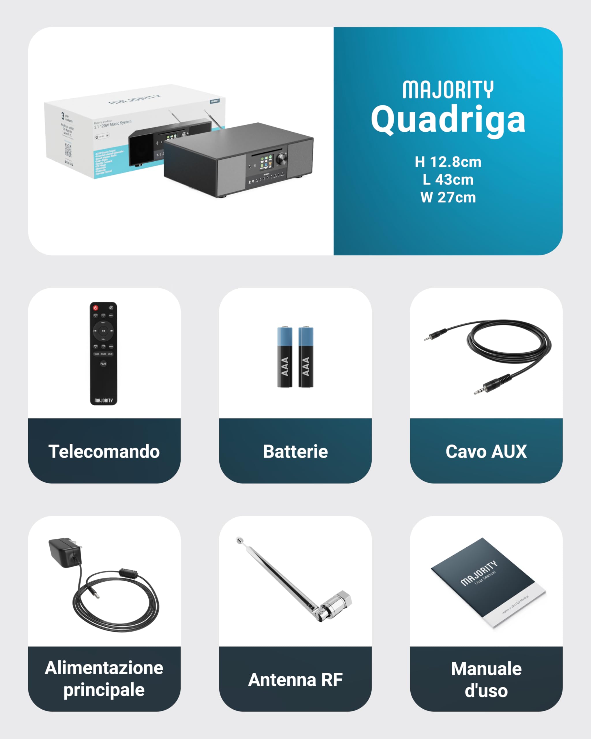 Majority Quadriga Internet Radio Lettore CD Hi Fi DAB+ Impianto Stereo Casa 120W 2.1 Bluetooth Wifi Spotify Connect