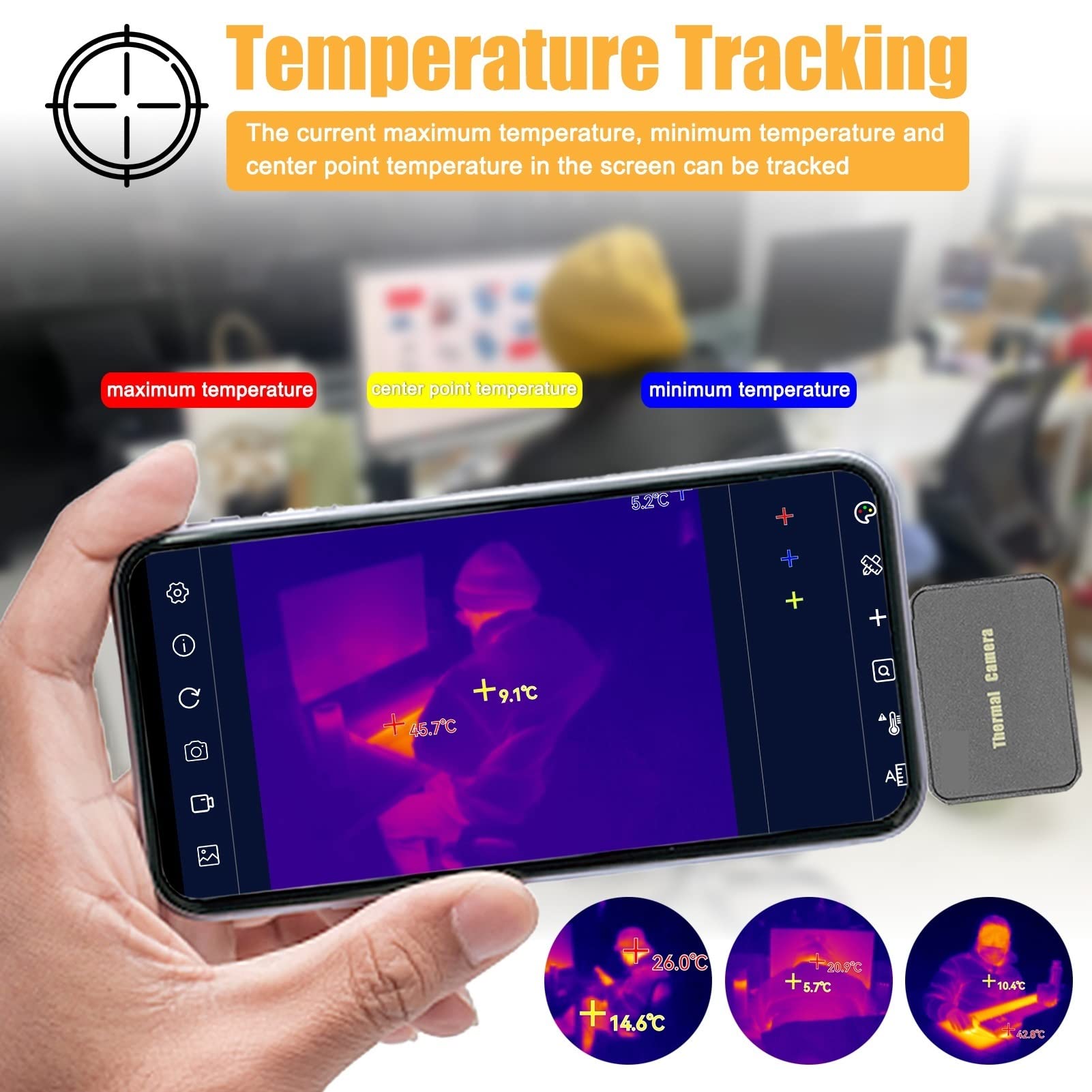 Kamera termowizyjna, Kamera termowizyjna na podczerwień do smartfona -15 ℃ ~ 600 ℃ Kamera termowizyjna na podczerwień 6 trybów wyświetlania Miernik pomiaru temperatury w punkcie środkowym(EM256 256x19