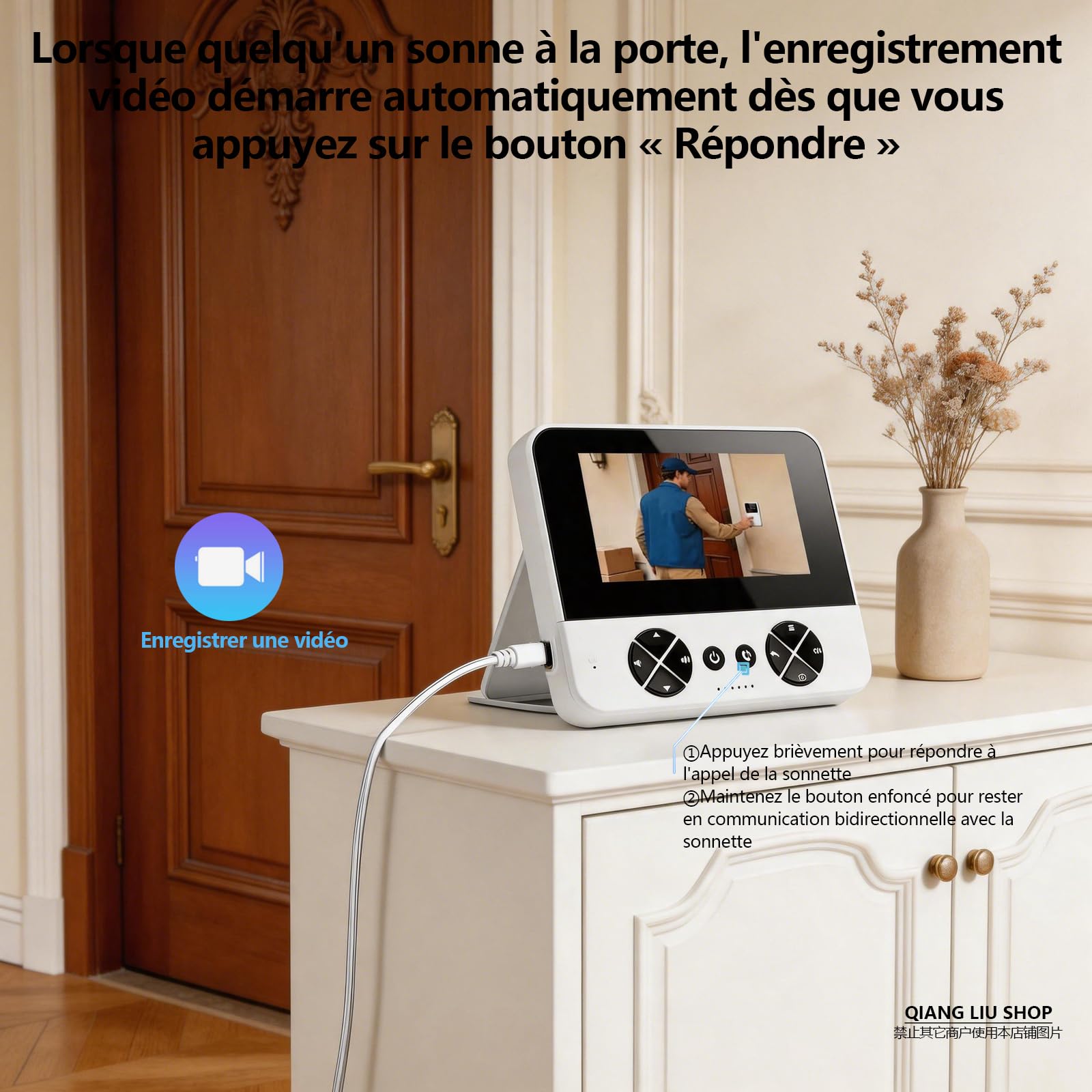 Écran de 4,3 pouces intelligente Sonnette sans Fil avec Caméra 1080P | Communication Bidirectionnelle,Vision Nocturne Infrarouge, Sans Application Ni Wi-Fi, IP65,Compatible avec les Cartes TF