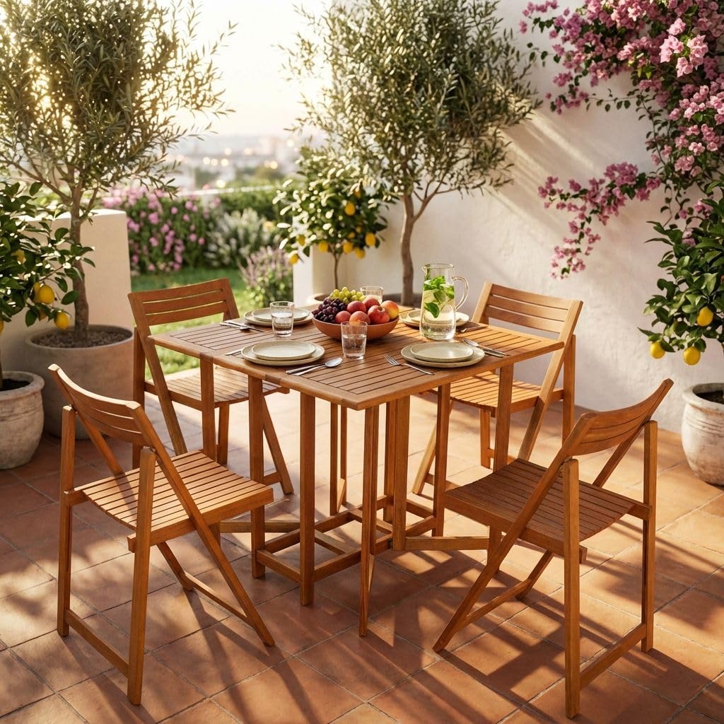 milani home Set Tavolo + 4 Sedie in Legno di Acacia per Esterno Giardino Portico Ristorante Bar Hotel Albergo Agriturismo