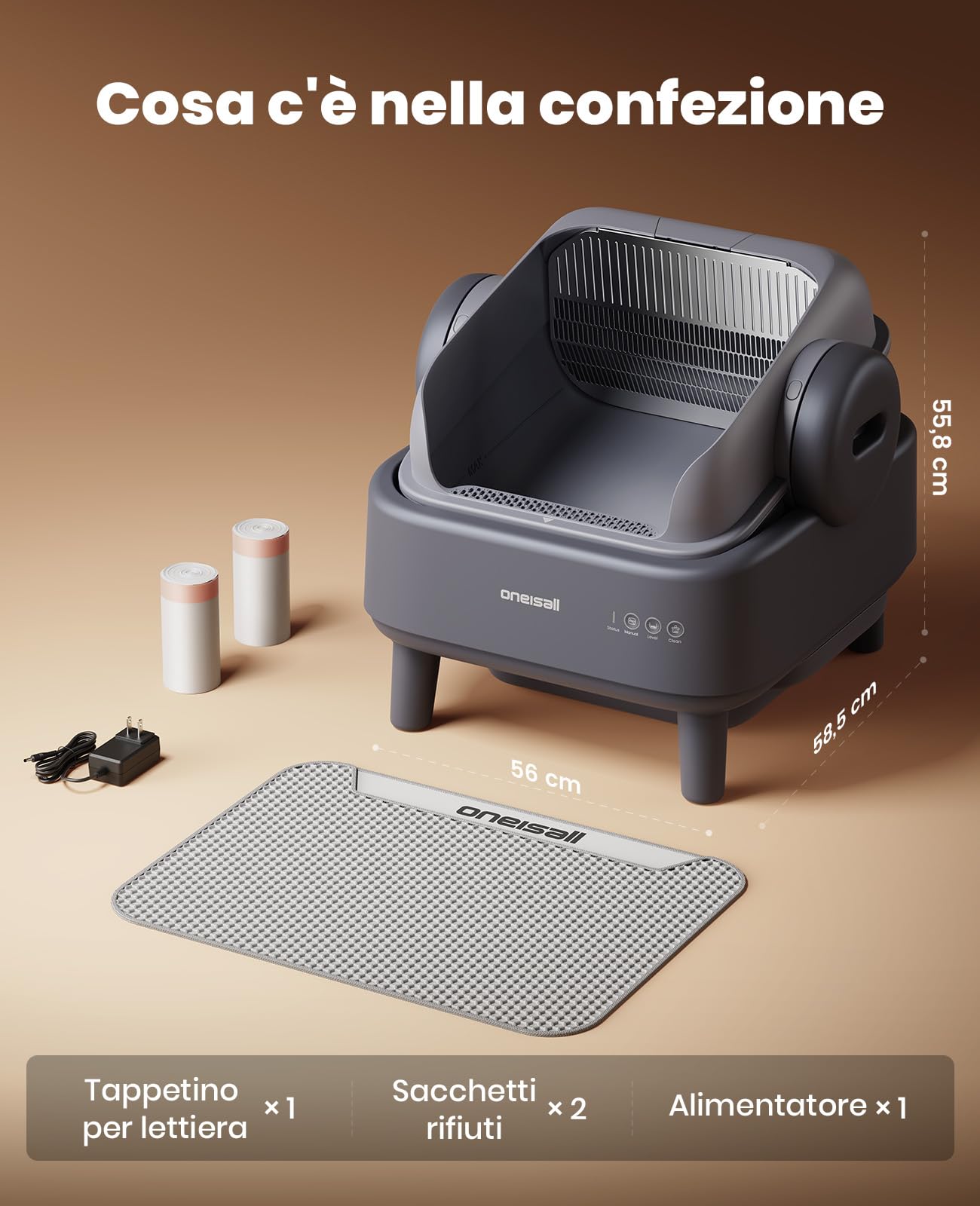oneisall Lettiera Gatto Autopulentecon sistema EaseClean™, Lettiera Autopulente per Gatti XXL per gatti grandi, griglia in acciaio inox, modalità automatica e manuale, incl. Tappetino e 40 Sacchetti