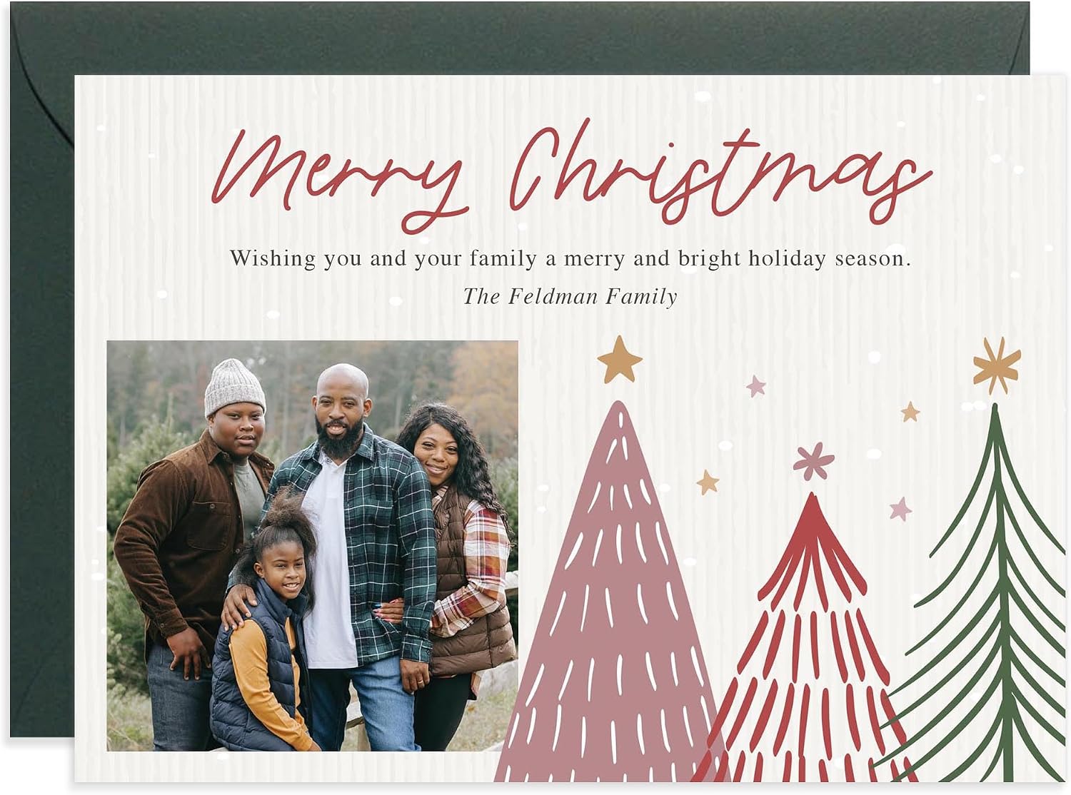 Personalized Christmas Tree Photo Cards 5x7, Family Red and Green Holiday Printed Notecards with Envelopes