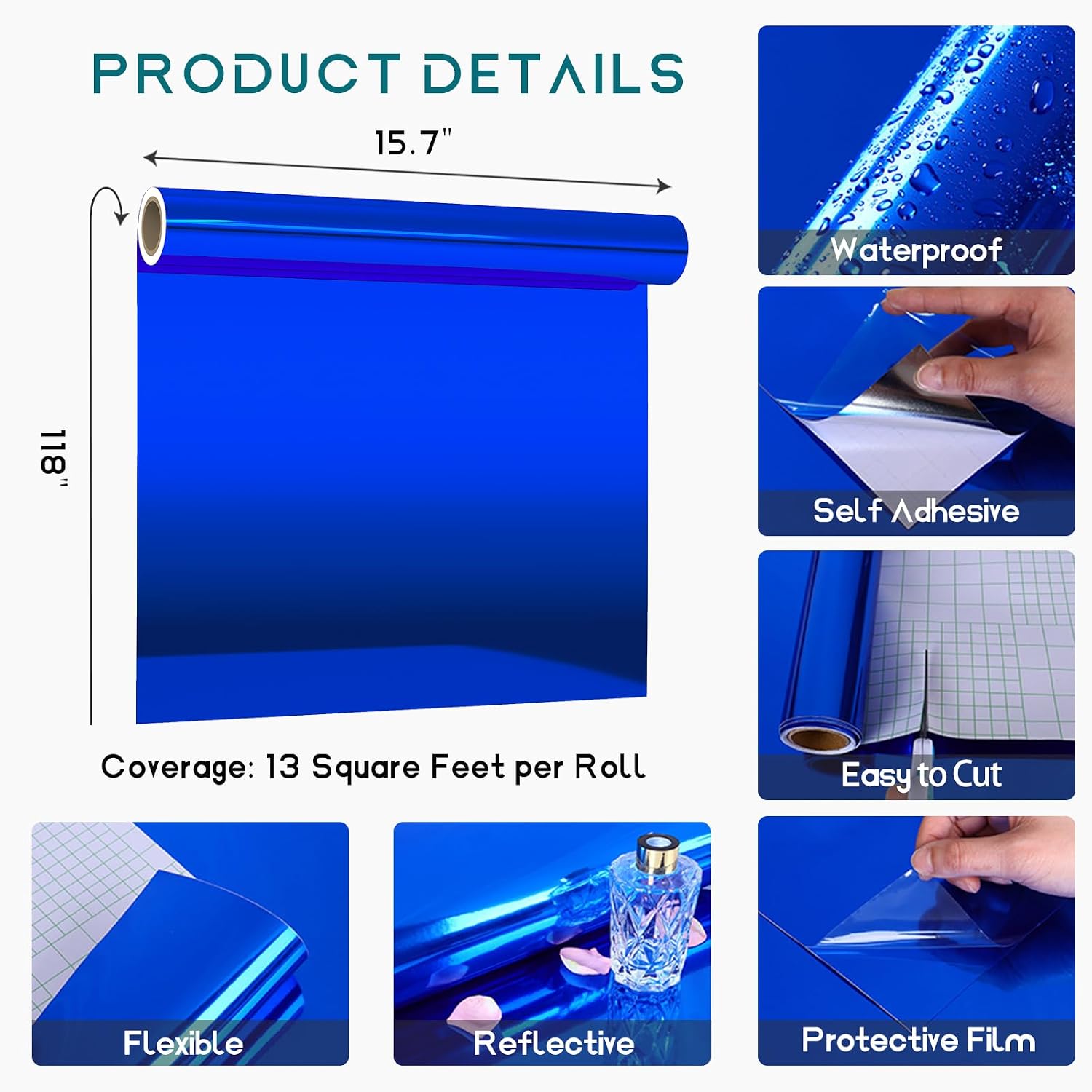 VEELIKE 15.7''x118'' Glossy Blue Metallic Vinyl Wallpaper Peel and Stick Non Glass Reflective Blue Mirror Vinyl Roll Adhesive Chrome Vinyl Sticker for Crafts Car Decals Cabinet Walls Home Decor