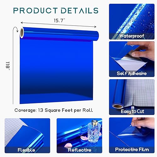 Miniatura 7 de VEELIKE Papel tapiz de vinilo metálico azul brillante de 15.7 x 118 pulgadas, despegar y pegar, no es de vidrio, espejo azul reflectante, rollo de