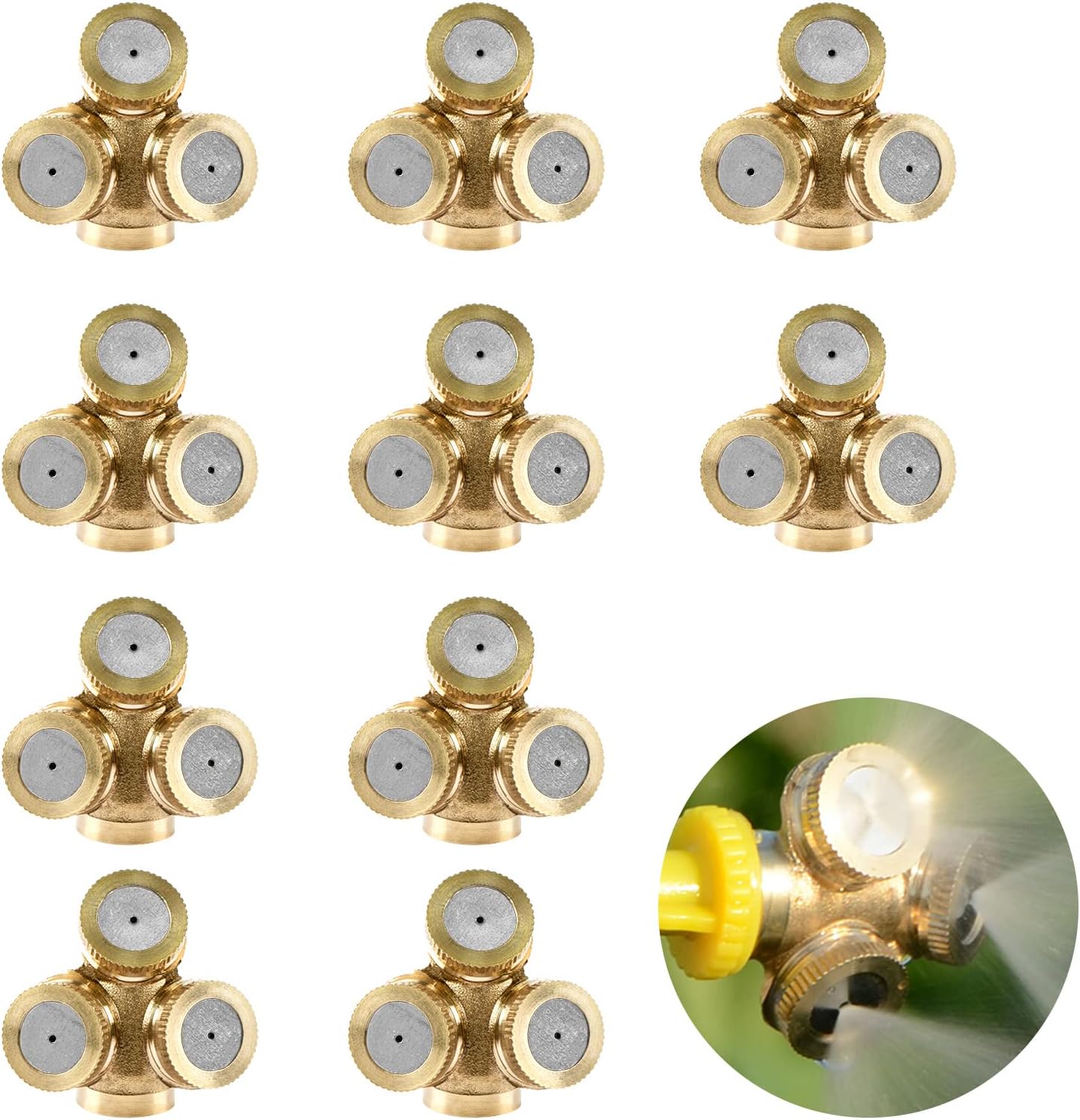 Linkidea 10 Pack 3-Hole Brass Atomising Nozzle, Agricultural Misting Spray Nozzle, 0.47" Connector Diameter for Gardens, Greenhouses, Landscaping, Dust Control, Roof Cooling. (Copper)
