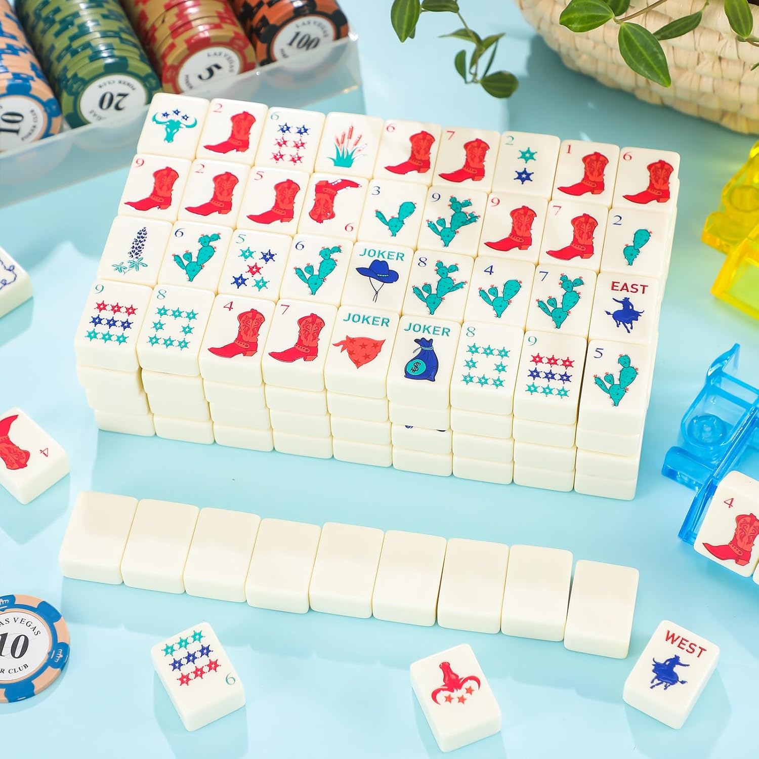 Arrowbash 160 Pcs Texas American Mahjong Set, 1.2 x 0.87 Inches Western Mahjong Tiles, Hand Carved Pattern for Adult Mah Jong Social Games, Beginners, Mah Jong Lovers