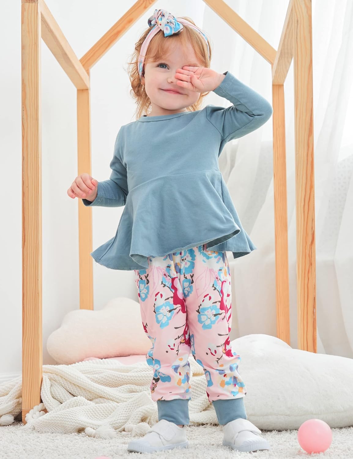 Toddler Baby Girl Clothes Solid Color Ruffle Tops Floral Pants with Headband Outfit Set - Image 4