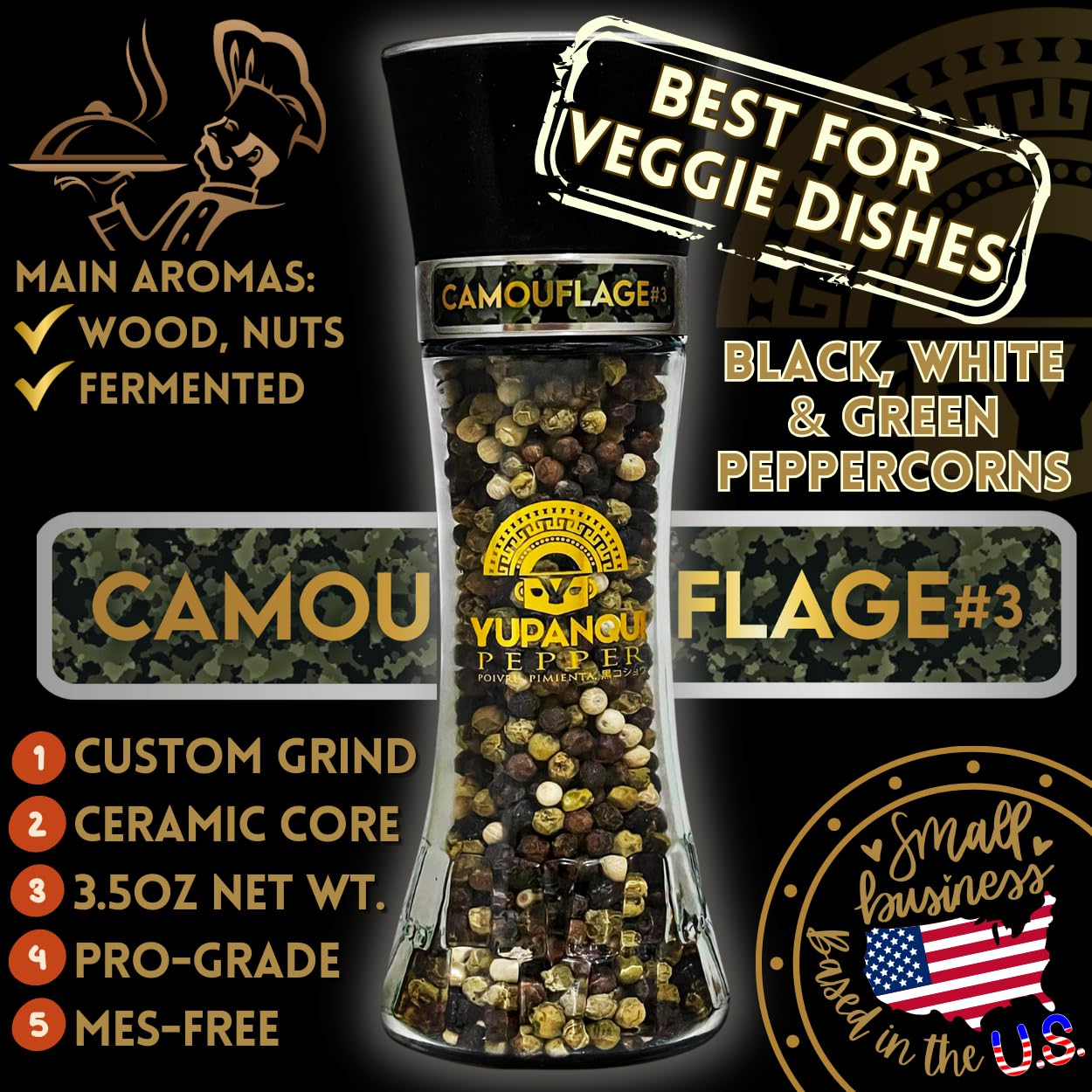 Yupanqui Peppercorn Medley Grinder FOR VEGGIE GRILL, Refillable Pepper Grinder Manual with Organic Peppercorns Mix of Tri Color Peppercorns Whole CAMOUFLAGE, White Green Black Pepper Corns in Grinder