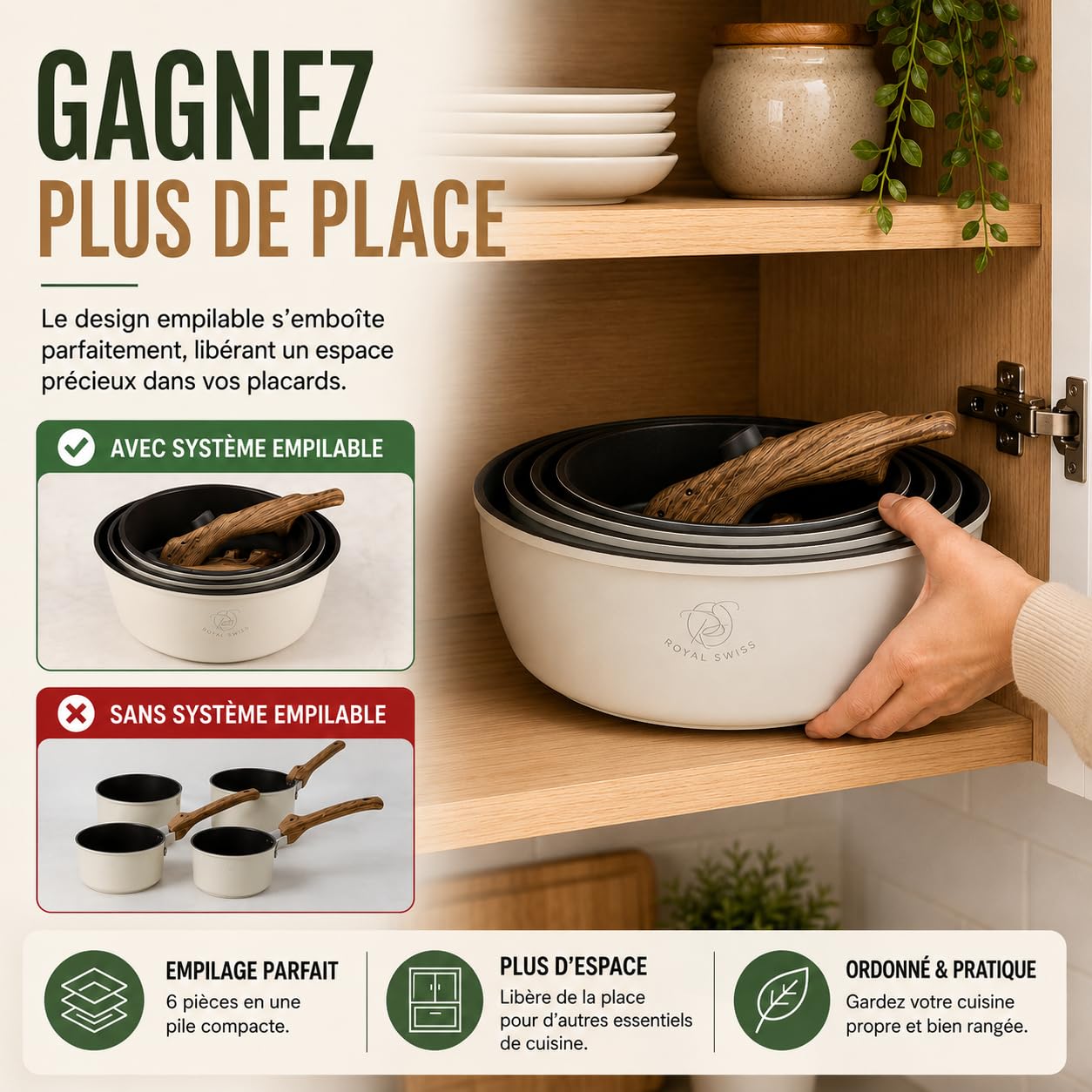 Royal Swiss® Set de casseroles 6 pièces avec poignée amovible – 14/16/18/20 cm + couvercle en verre universel – Induction tous feux – Empilable, gain de place
