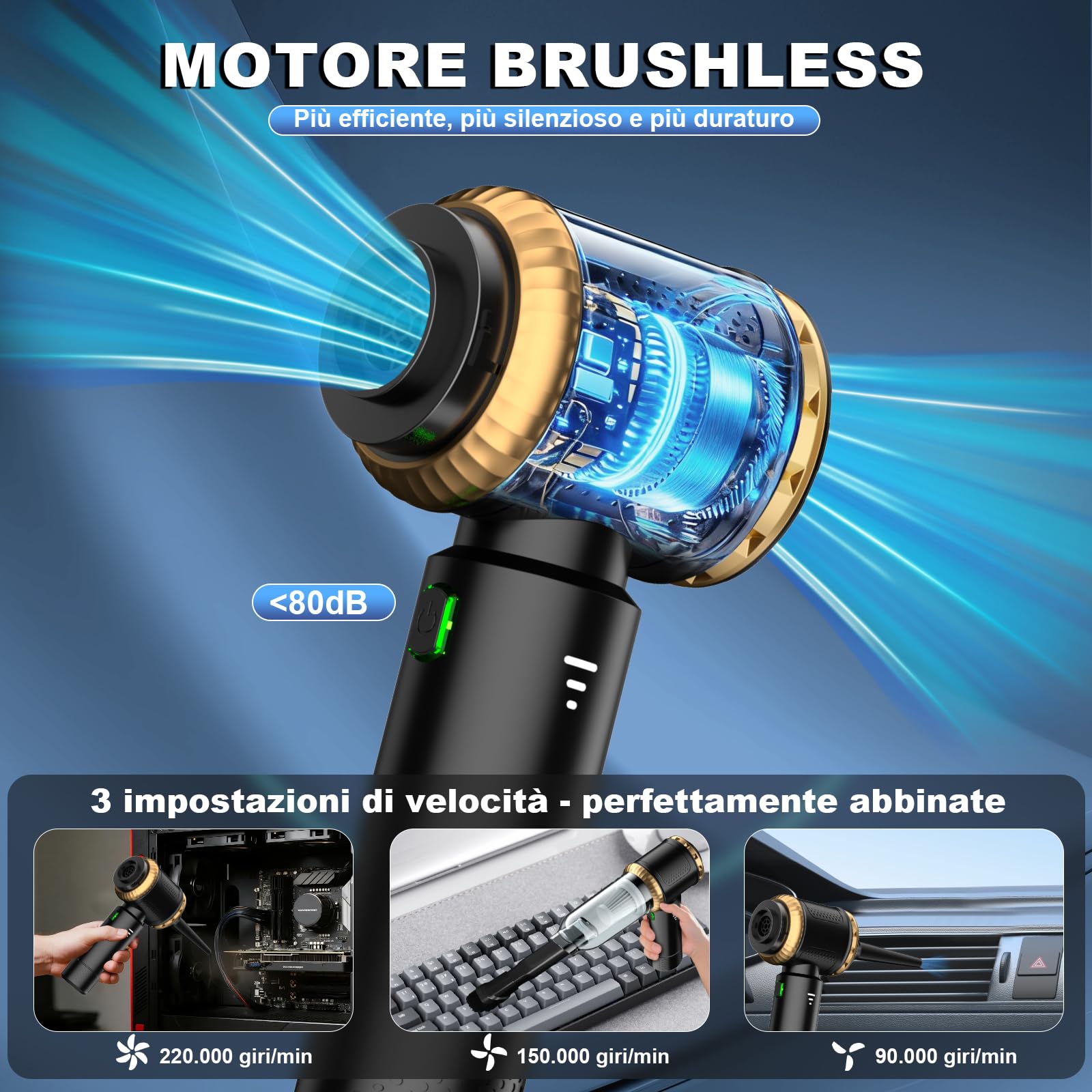 Aspirapolvere a mano 4 in 1, 25000 PA per auto forte, aspirapolvere a 3 marce, senza fili, con motore senza spazzole, 220000 giri/min, aspirapolvere per auto, divano, PC, ufficio e pulizia dei