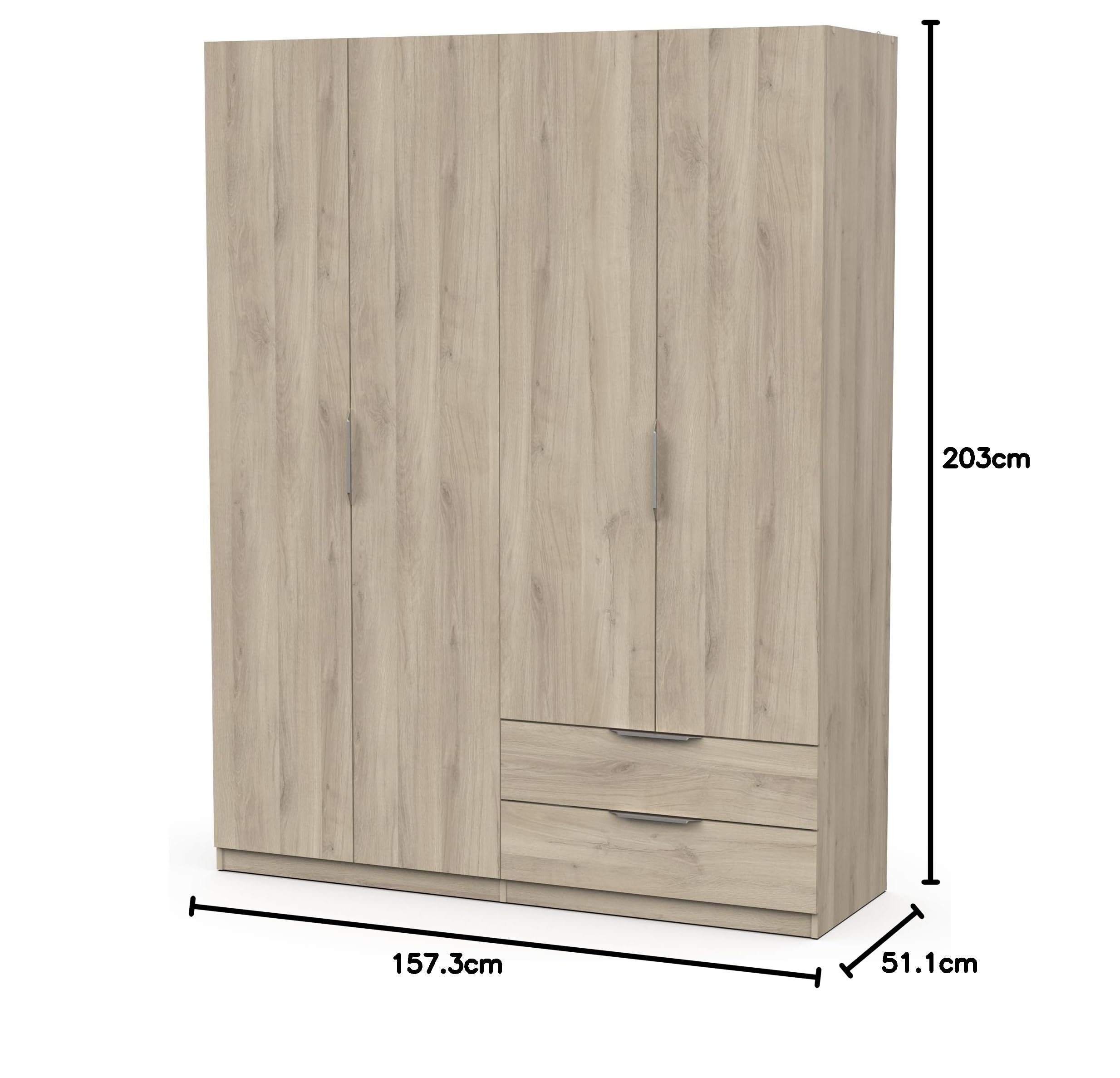 Demeyere 391392 Vestidor con Armario Moderno 4 Puertas 5 estantes 2 cajones, Color Roble Kronberg, 157,3 x 51,1 x 203 cm, Madera de ingeniería, Gris