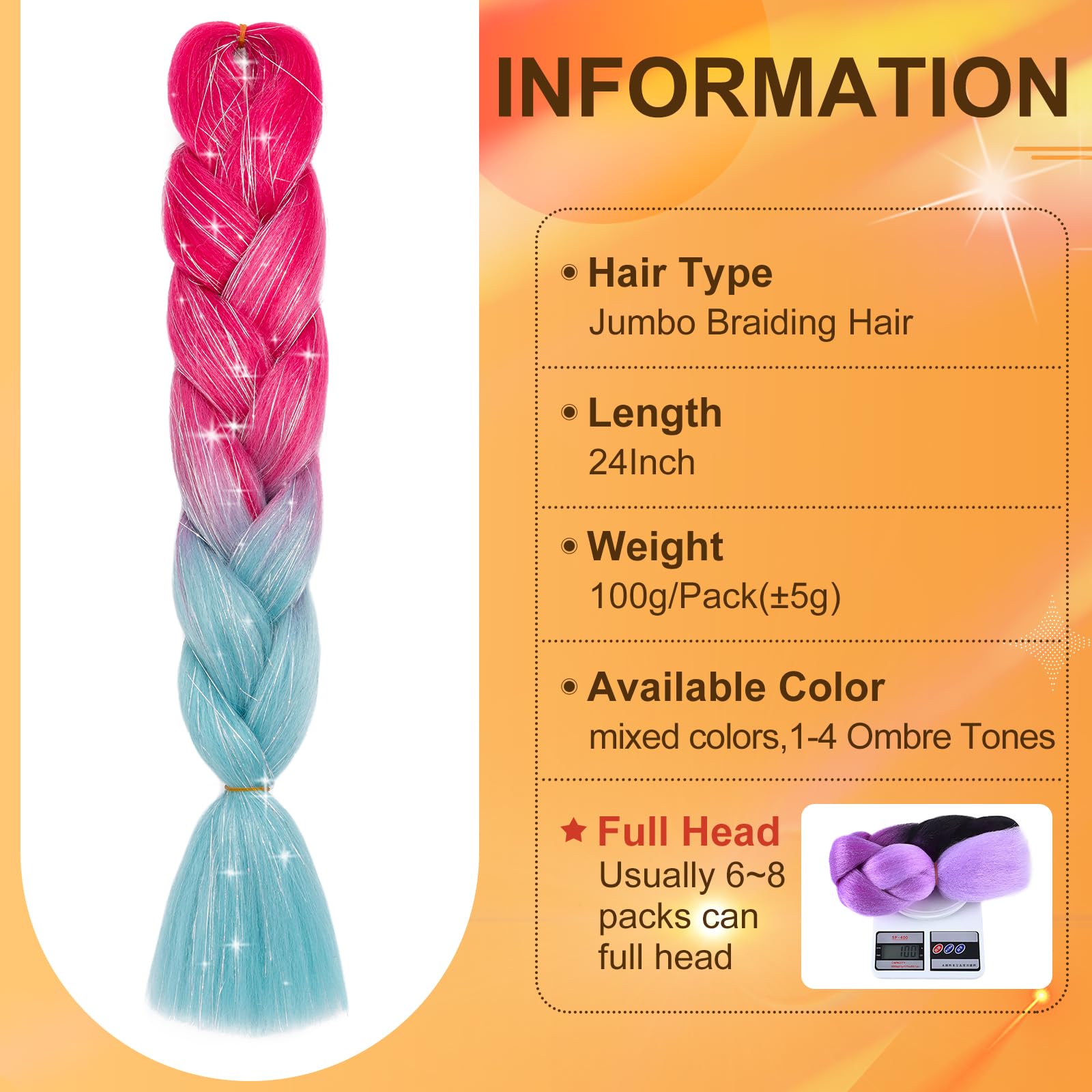 S-noilite Rainbow Jumbo Braiding Hair Extensions Colorful with Tinsels Braide Hairpiece for Box Twist Braids,24 inch 1pc 100g,Long Ombre Crochet Synthetic Hair,Peach Red to Light Blue with Tinsels - Image 3