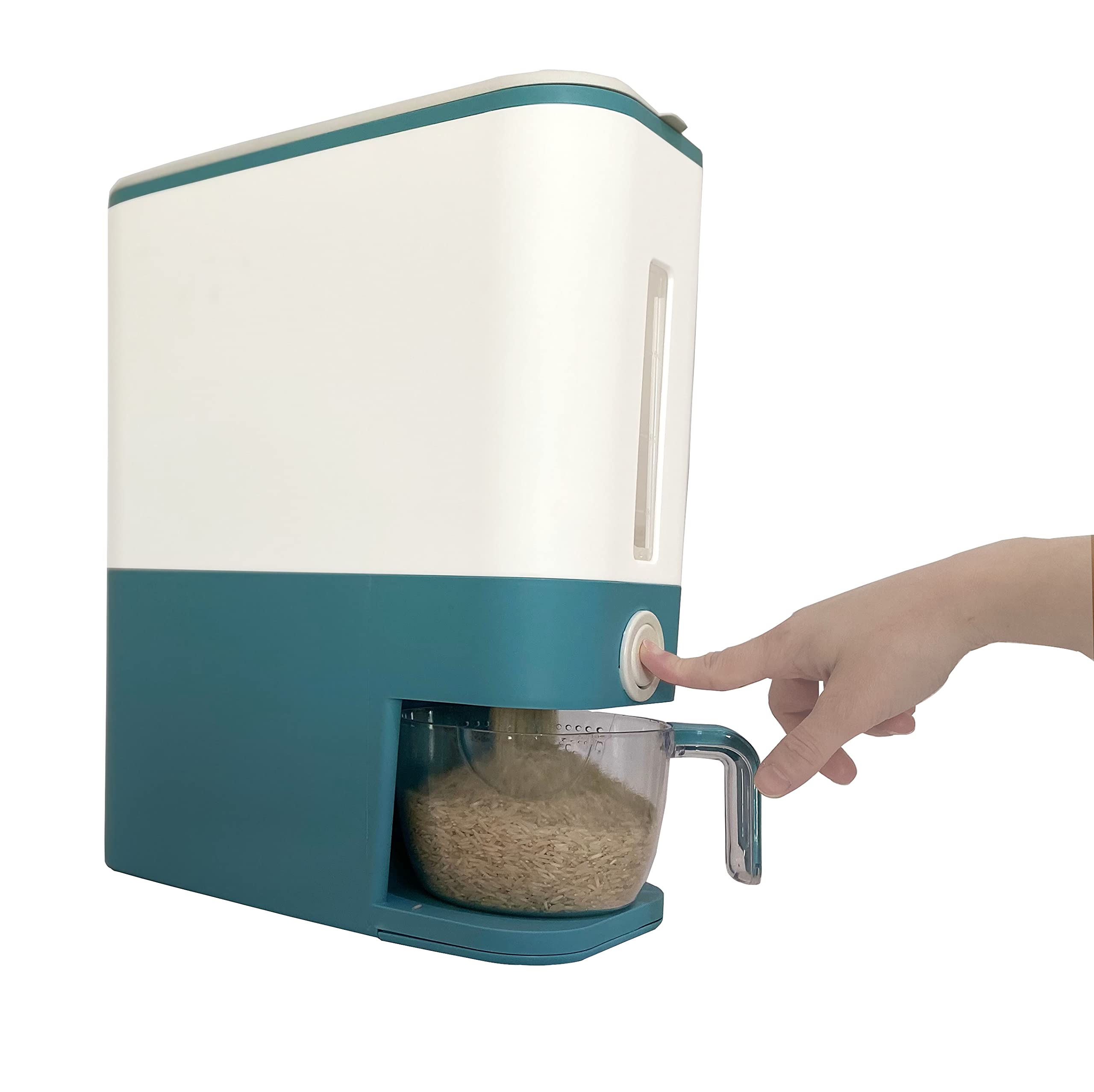 N2Rice dispenser with measuring cup, Large rice storage box 12 kg Push type Plastic Kitchen, grain storage, food storage box, Cylinder blue household rice bucket