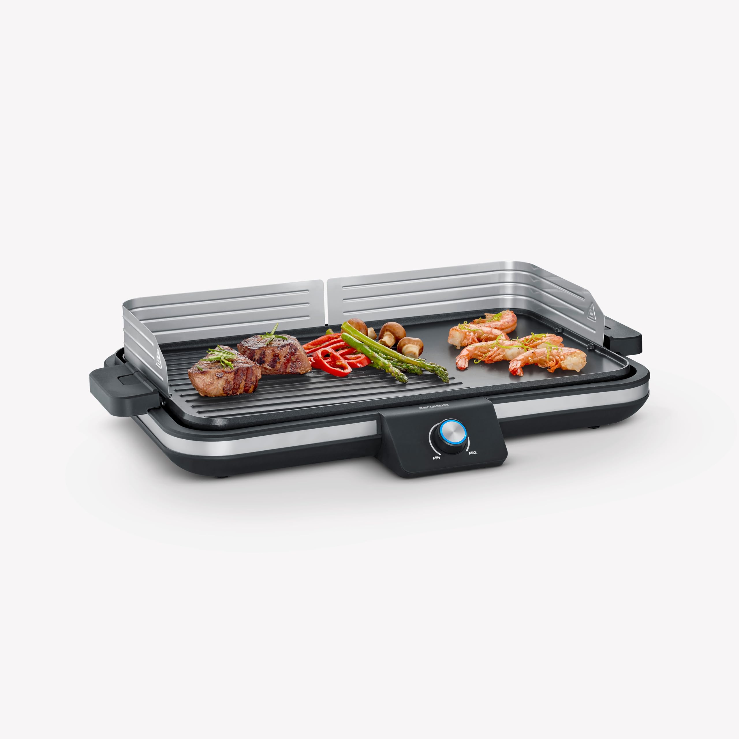 SEVERIN Parrilla Eléctrica, plancha grill de mesa, 2.300 W hasta 230°C, con revestimiento cerámico y pantalla LED, para carne, pescado, marisco y verdura, acero inoxidable y negro mate, PG 8564