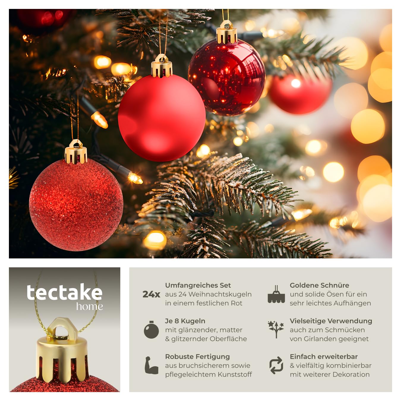 tectake® 24er Set bruchsichere Weihnachtskugeln Skandi Style, Baumschmuck, Christbaumkugeln rot Plastik, mit Matter, glänzender und glitzernder Oberfläche, inkl. Weihnachtskugel-Aufhänger