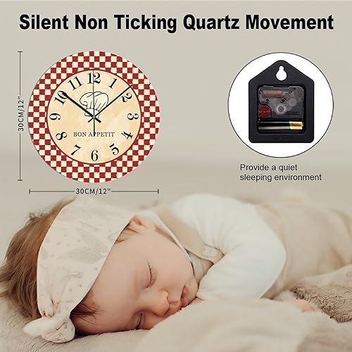 Miniatura 2 de Reloj de pared de cocina francesa de chef de 12 x 12 pulgadas, relojes de pared de PVC de calidad de cuarzo sin tictac, vintage, fácil de leer,