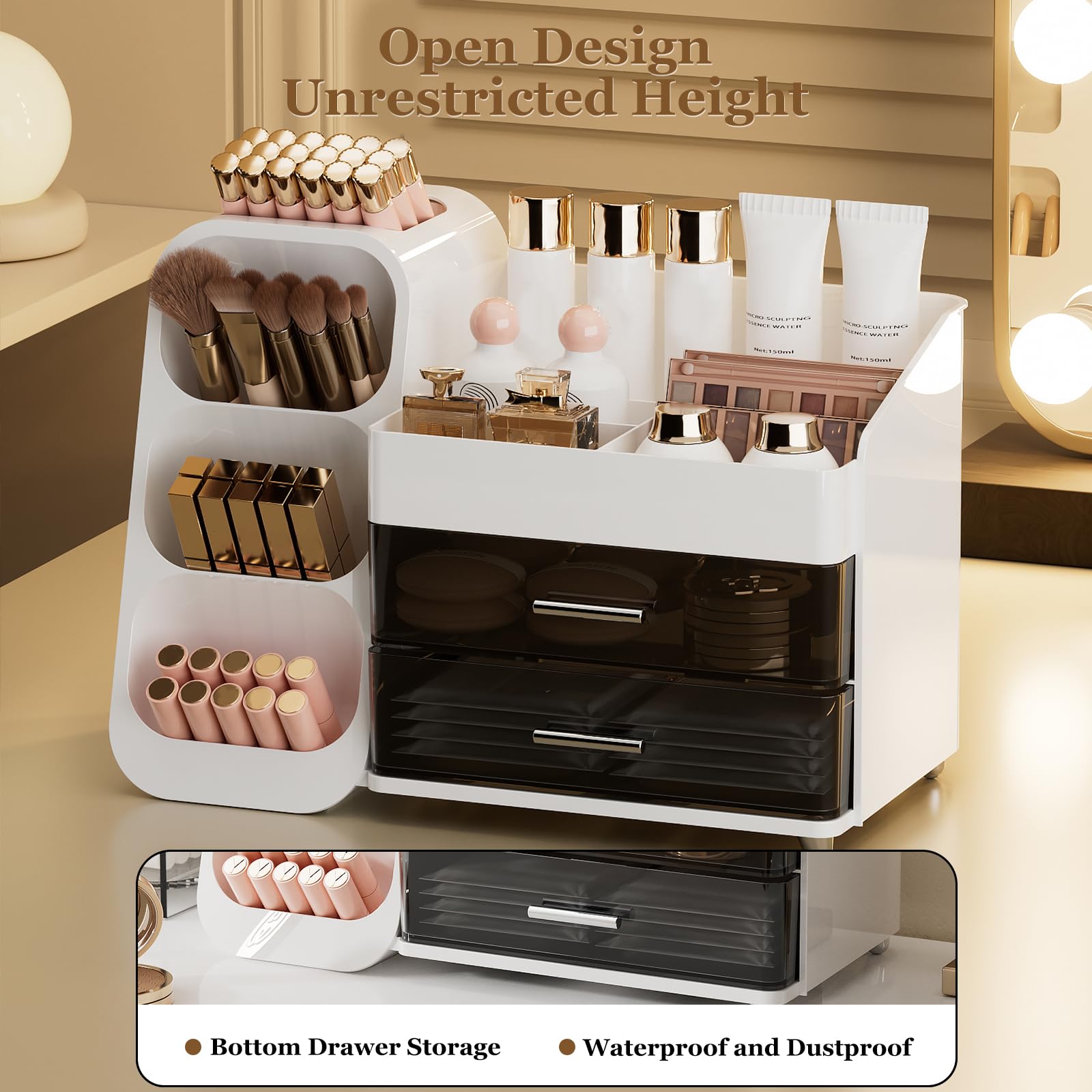 FoiiLiio Make Up Organizer per Cosmetici, Organizer per trucchi Grande Organizer per Trucco con 2 Cassetti per Comò, Bagno, Camera da Letto (Bianco)