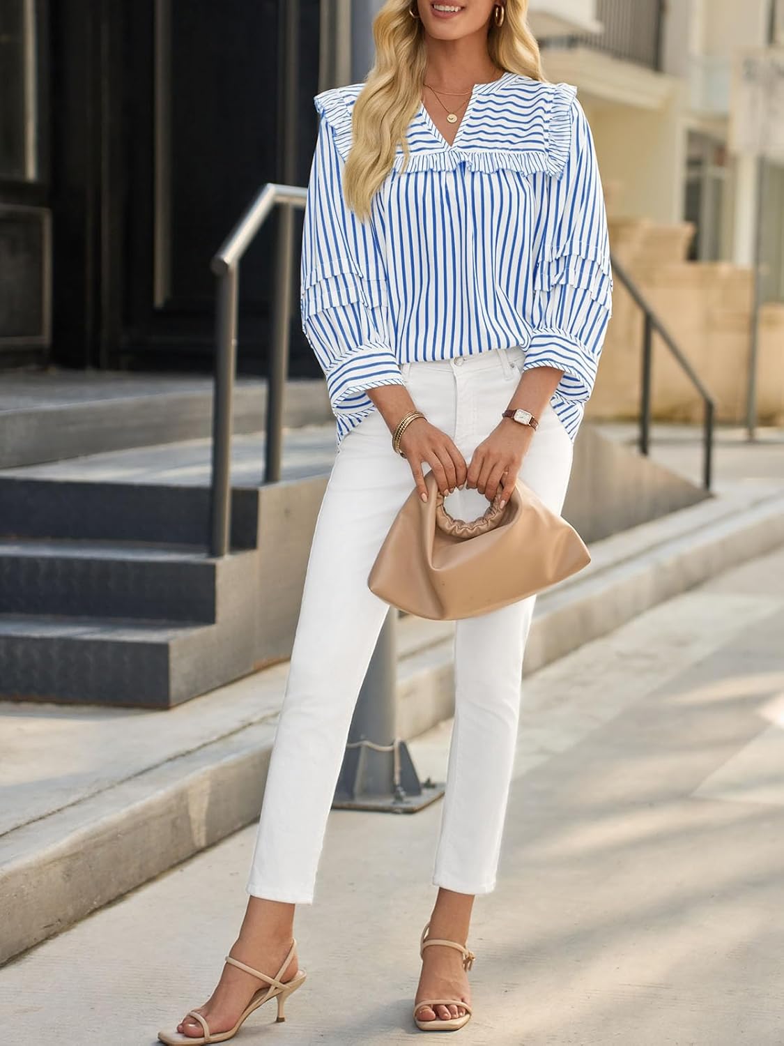 Cicy Bell Womens Striped Babydoll Tops Ruffle V Neck Puff Sleeve Blouses Loose Fit Cute Flowy Shirts - Image 6