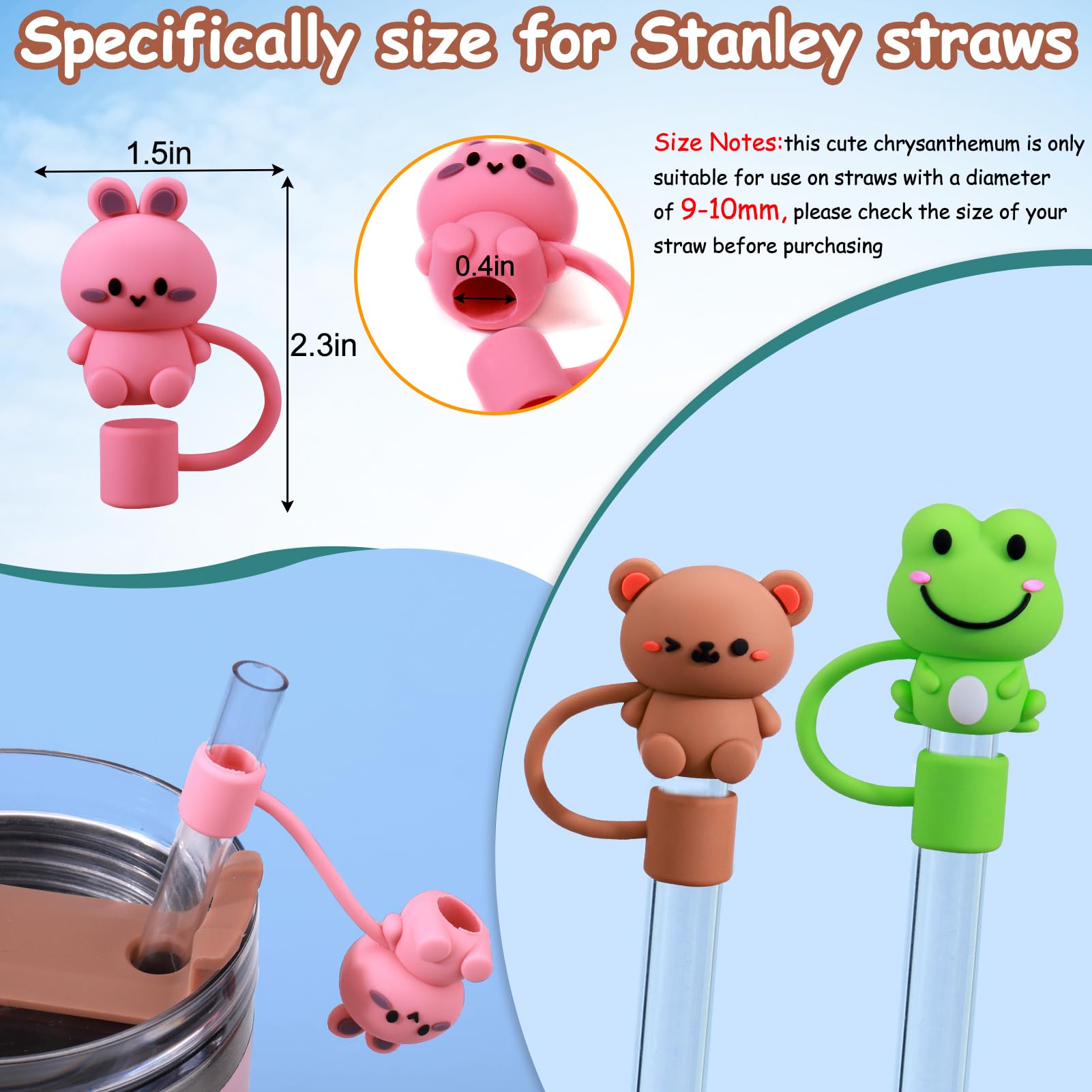 AIERSA Lot De 4 Housses De Paille En Forme D'animal Pour Tasse Stanley, Joli Bouchon De Paille Compatible Avec Les Gobelets Stanley De 0,1 Cm Et 1,2 L, Couvercle De Paille De