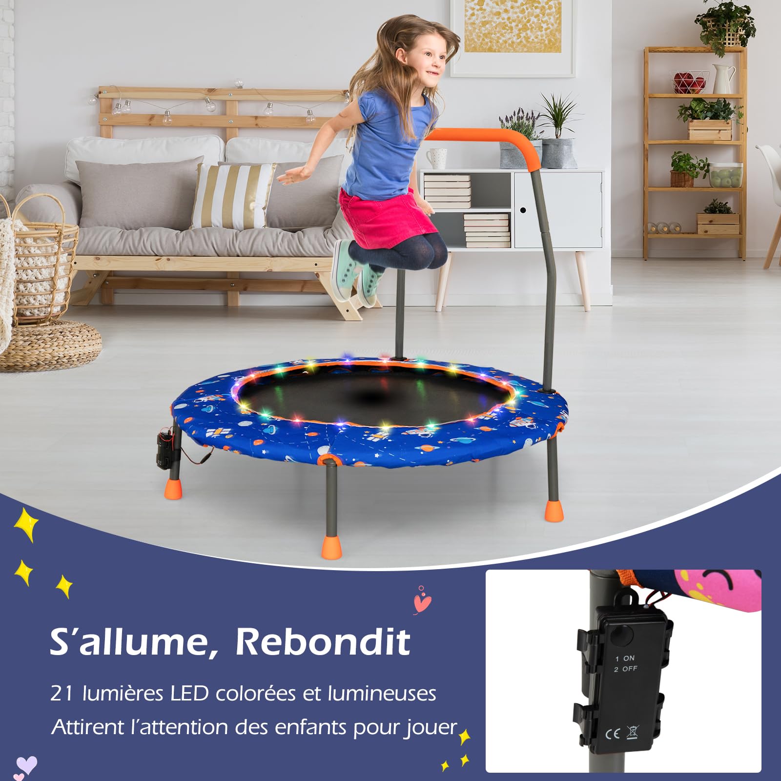 COSTWAY Trampoline Enfant Ø92CM avec 21 Lumières LED & Poignée Amovible, Mini Trampoline Exterieur Enfant avec Motif d'Astronaute & Tapis Antidérapant pour Enfant de 3-6 Ans