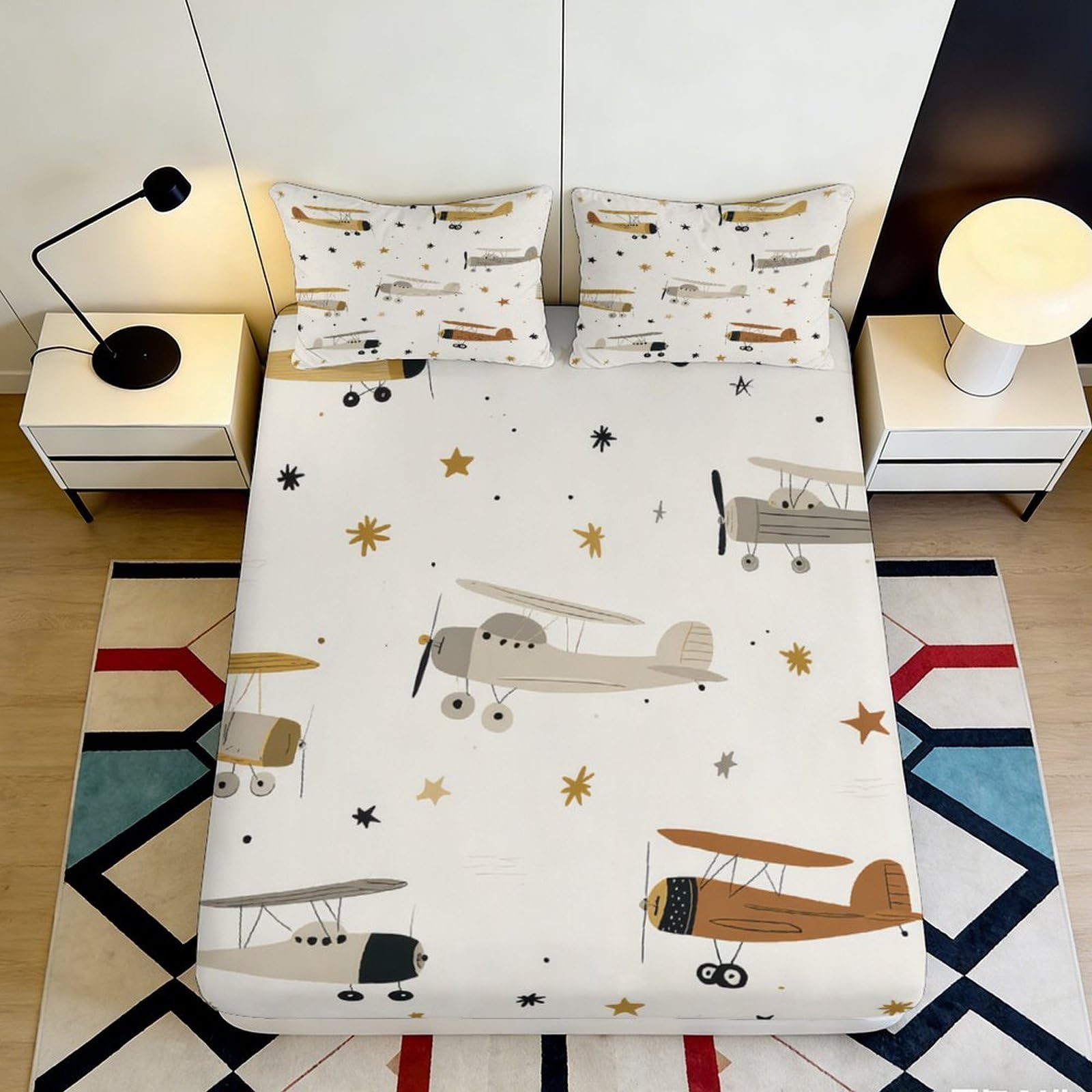 3D Printed Airplane Pattern Fitted Sheet Microfiber Deep Pocket Non-Slip Bedroom Bedding Aircraft Mattress Fitted Cover Washable Mattress Protection 200x200x25cm