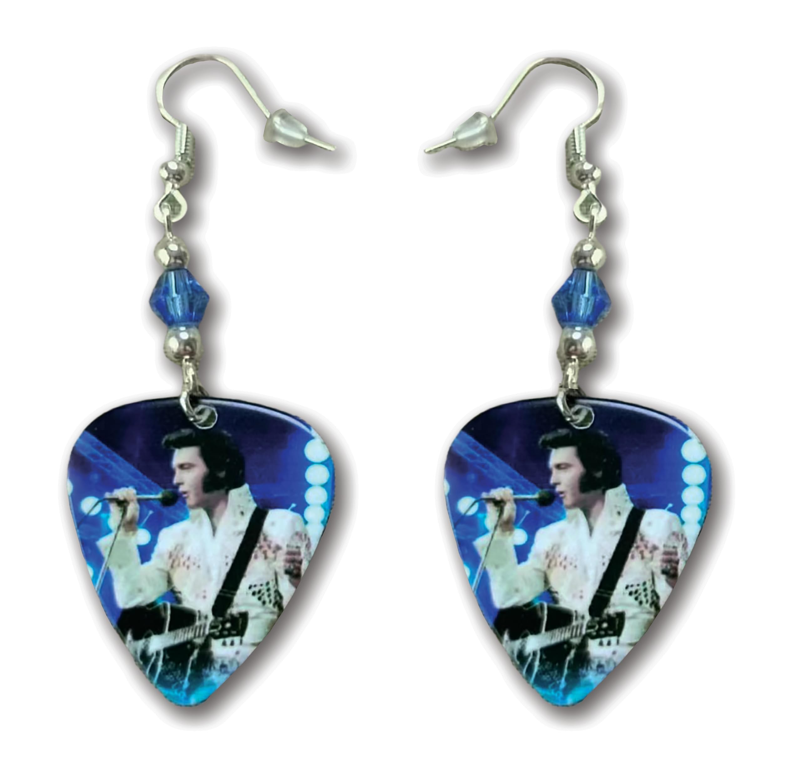 Elvis Presley Wearing White Jumpsuit With Blue Background Guitar Pick Earrings With Blue And Silver Accent Beads - Mid-South Products