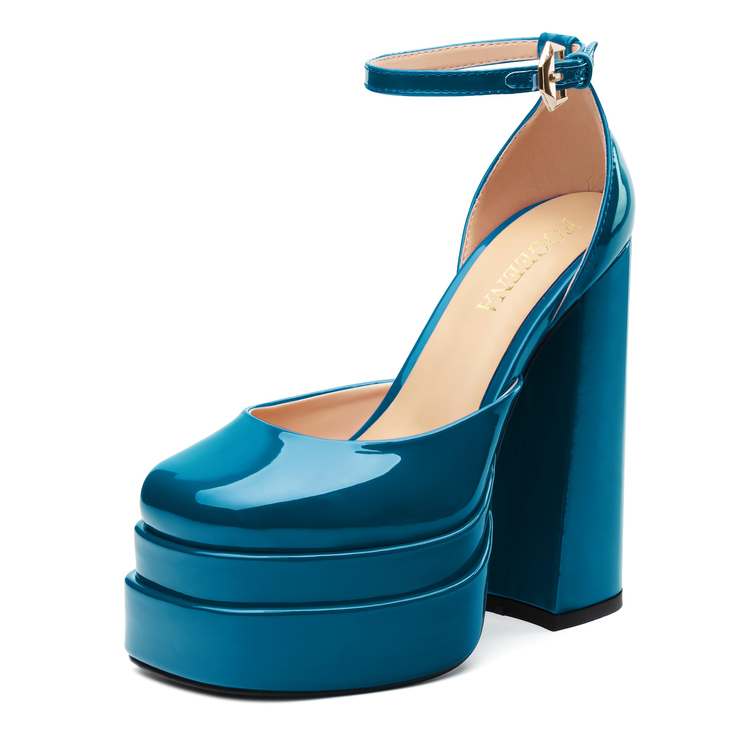 FOGEENA Platform Chunky Heels for Women Block High Heels Patent Closed Round Toe Ankle Strap 5.9 Inch Pumps Fashion Dating Prom Party Dress Shoes