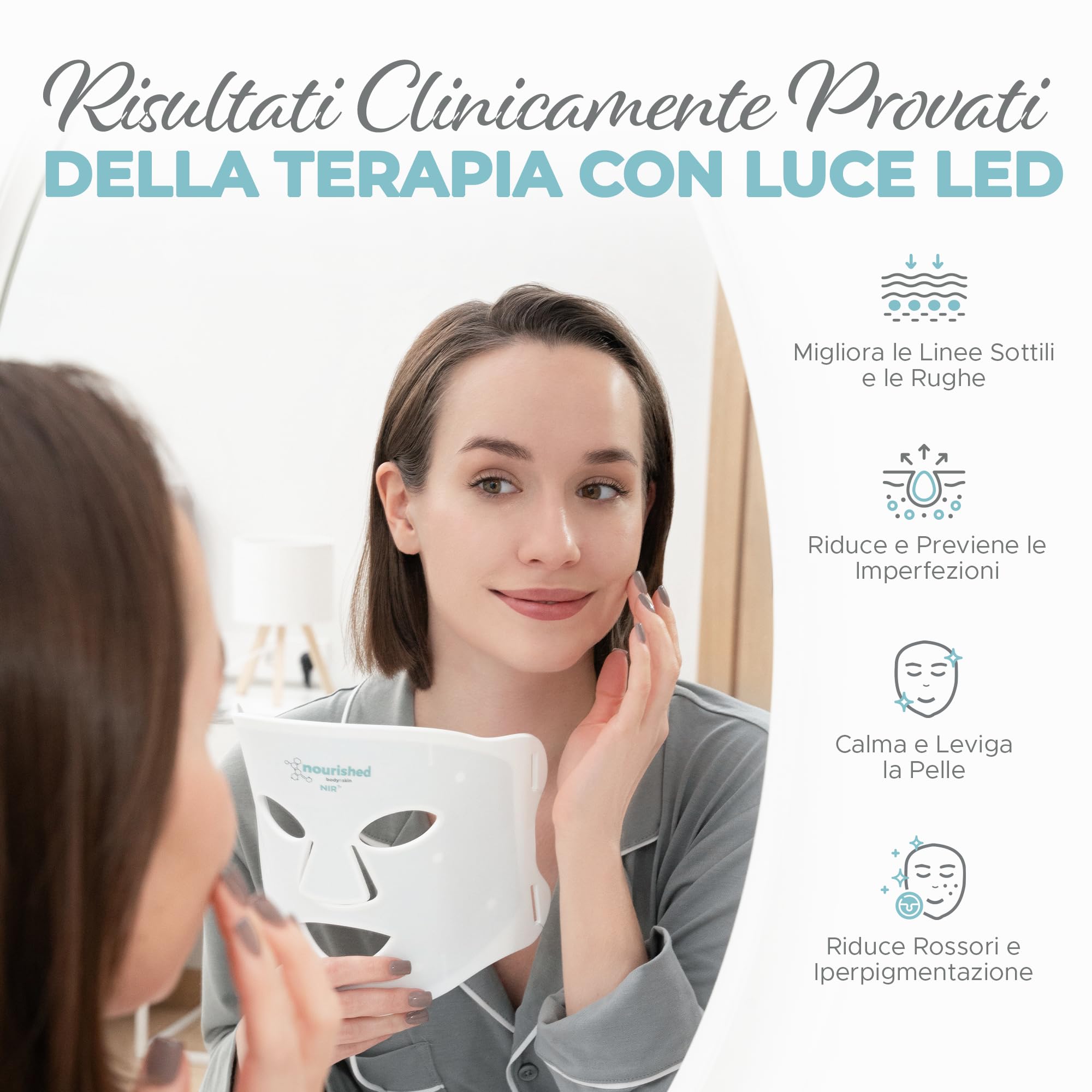 Nourished Bodynskin Maschera LED a 7 Colori per Viso e Collo con Infrarossi Vicini - Terapia della Luce Blu, Rossa per il Viso - 912 LED - Strumento per la Cura della Pelle Anti-Età